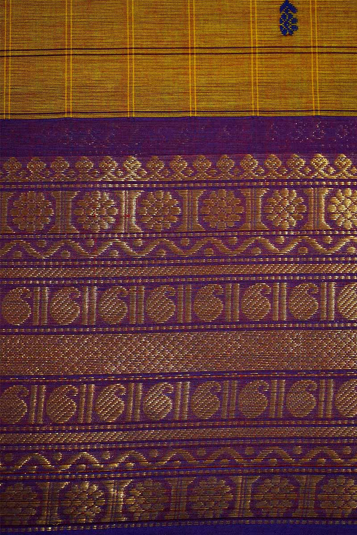 DARK MUSTARD WITH DEEP VIOLET KANCHI COTTON SAREE - Queens Jewel Emporium