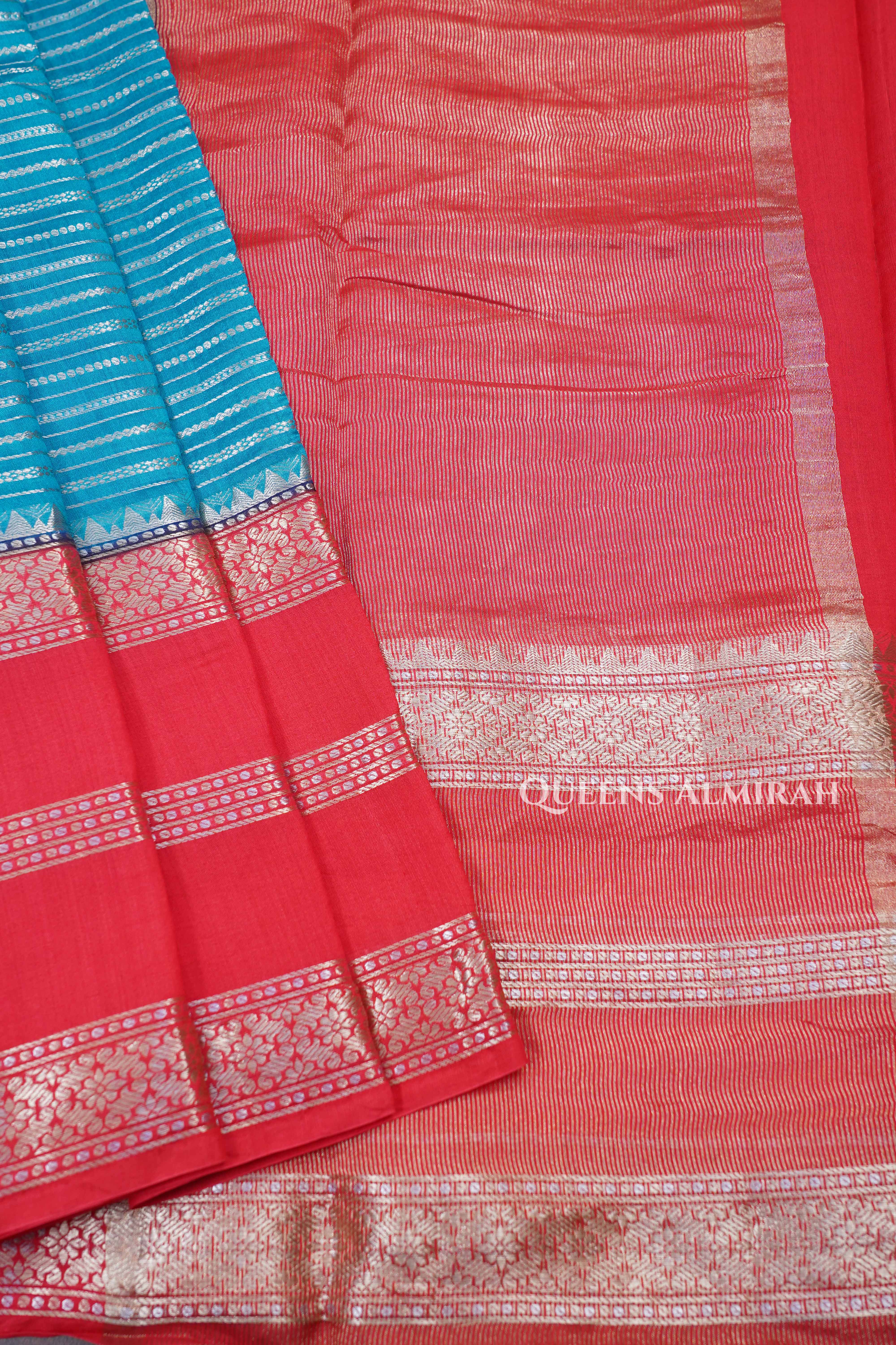 Sky Blue With Orange Chiniya Silk Saree