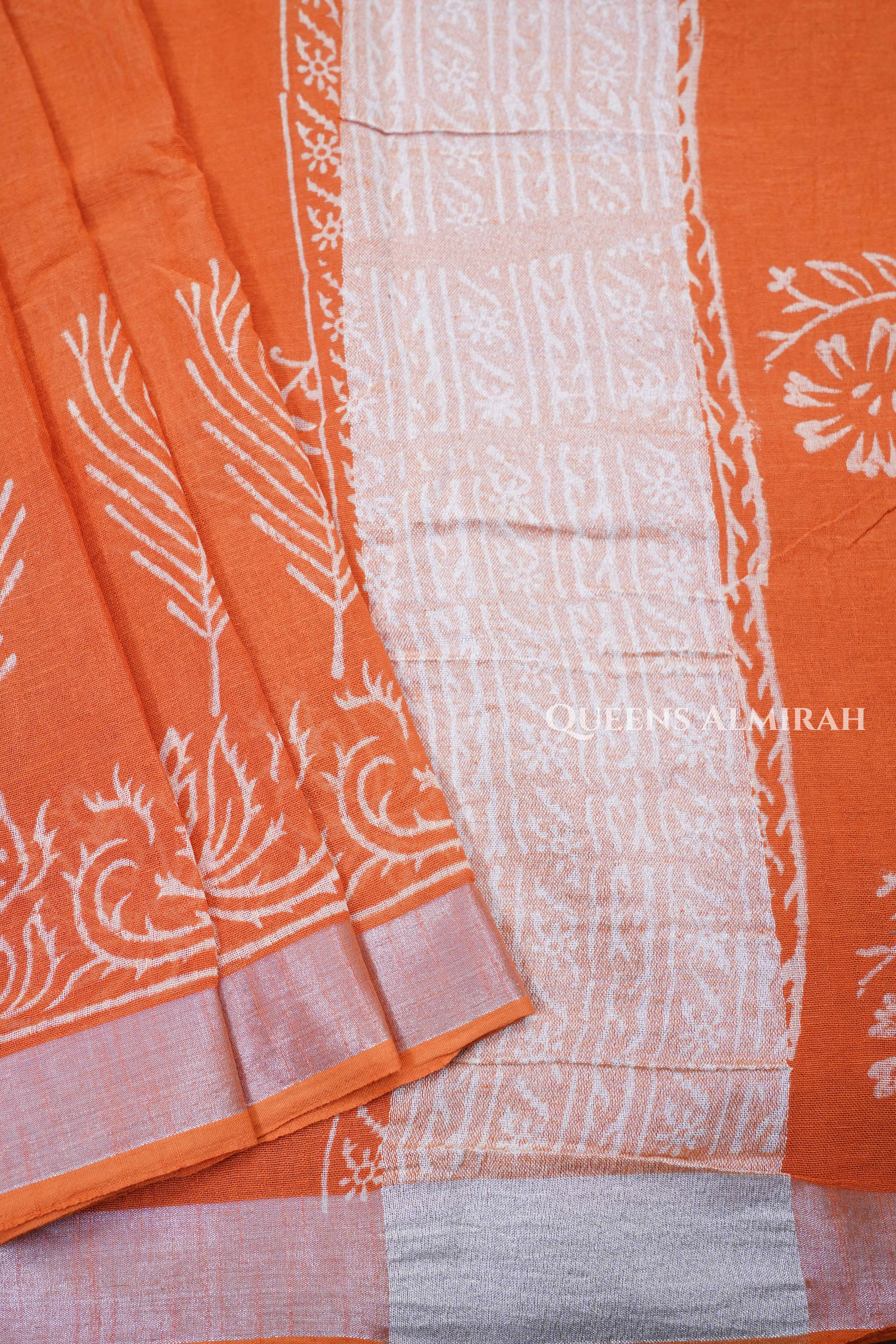 Orange Linen Cotton Saree