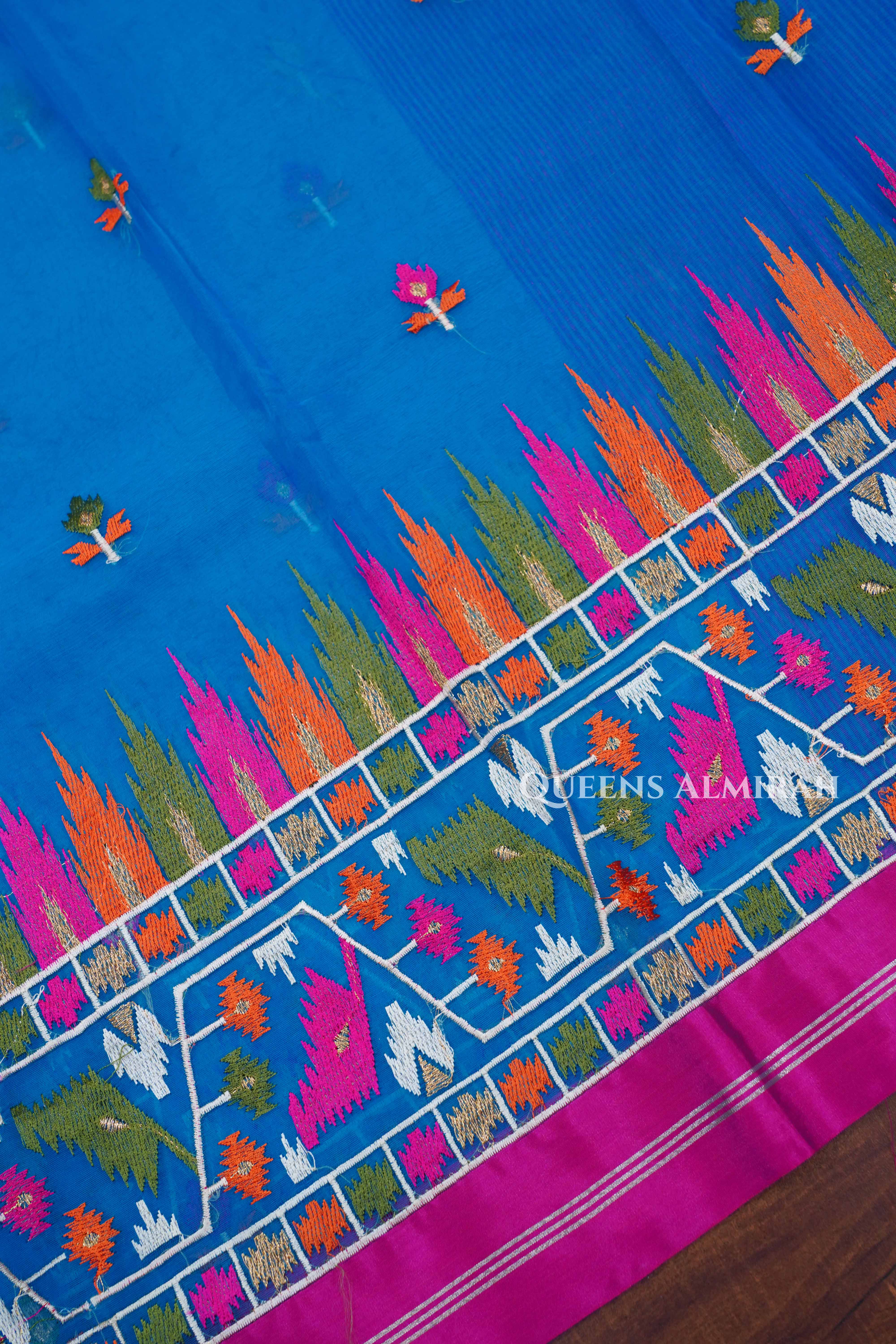 Blue With Pink Muslin Organza Saree