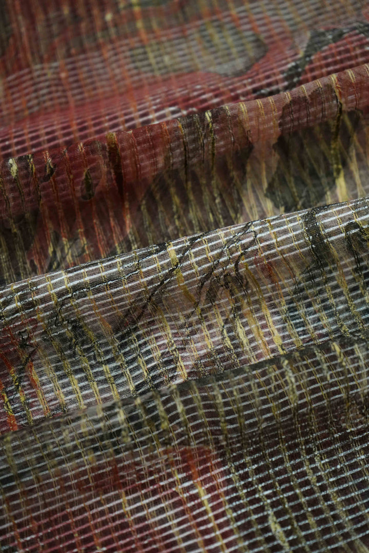 RADDISH GREY WITH RIFFLE GREEN MARBLE PRINT GHICHA ORAGANZA SAREE - Queens Jewel Emporium