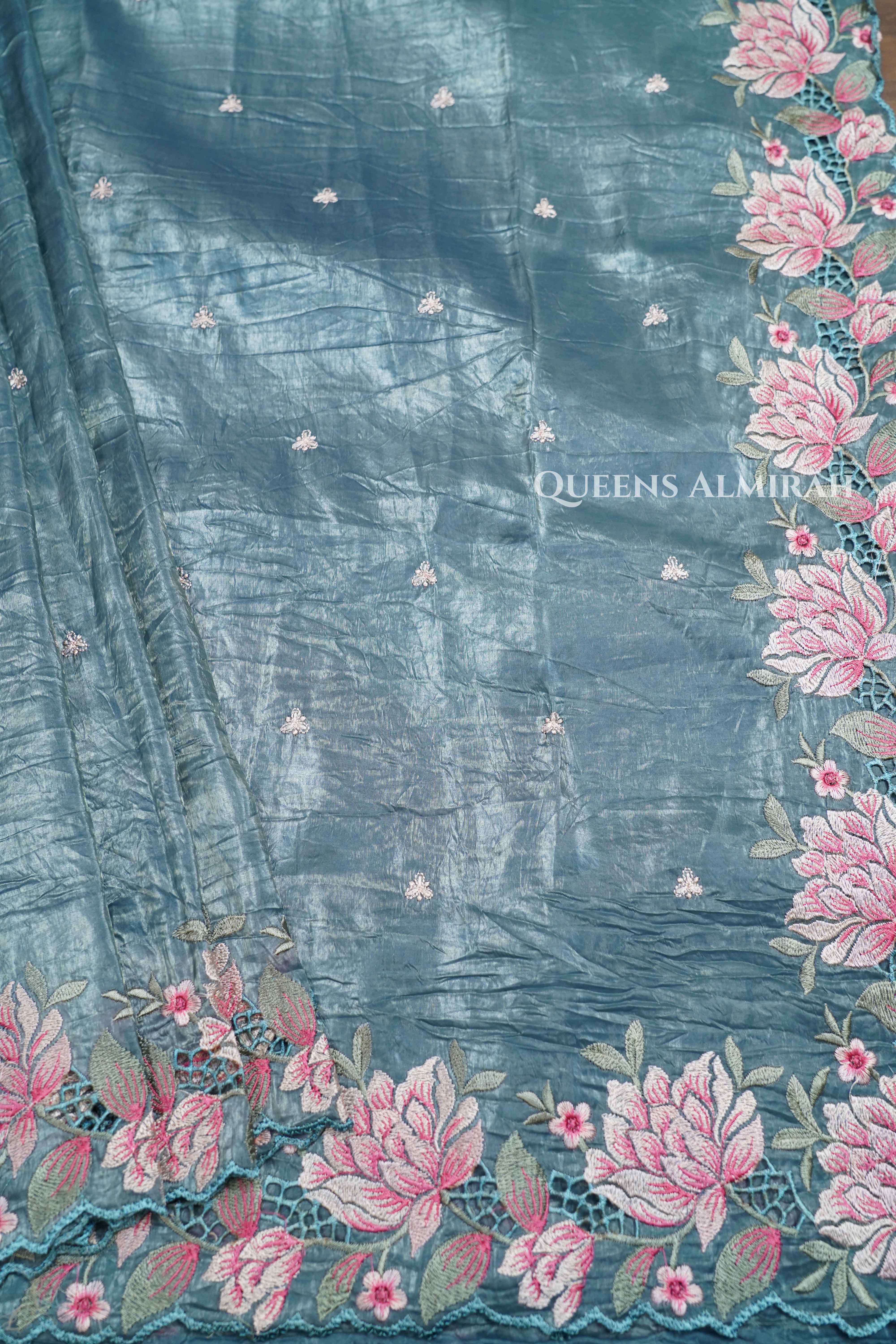 BLUE GREY GLASS TISSUE SAREE - Queens Jewel Emporium