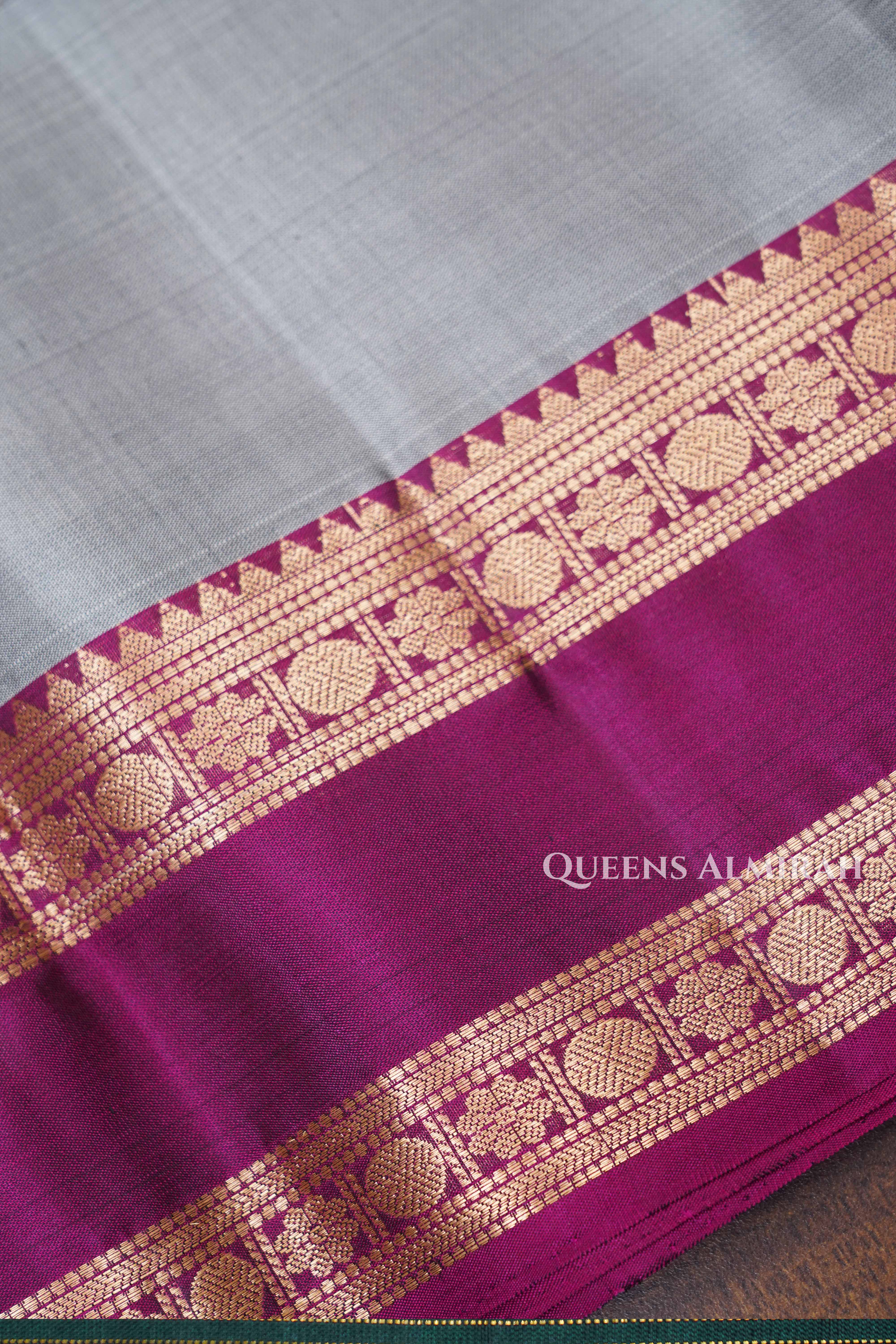 Ash Grey With Purple Pure Soft Silk Saree