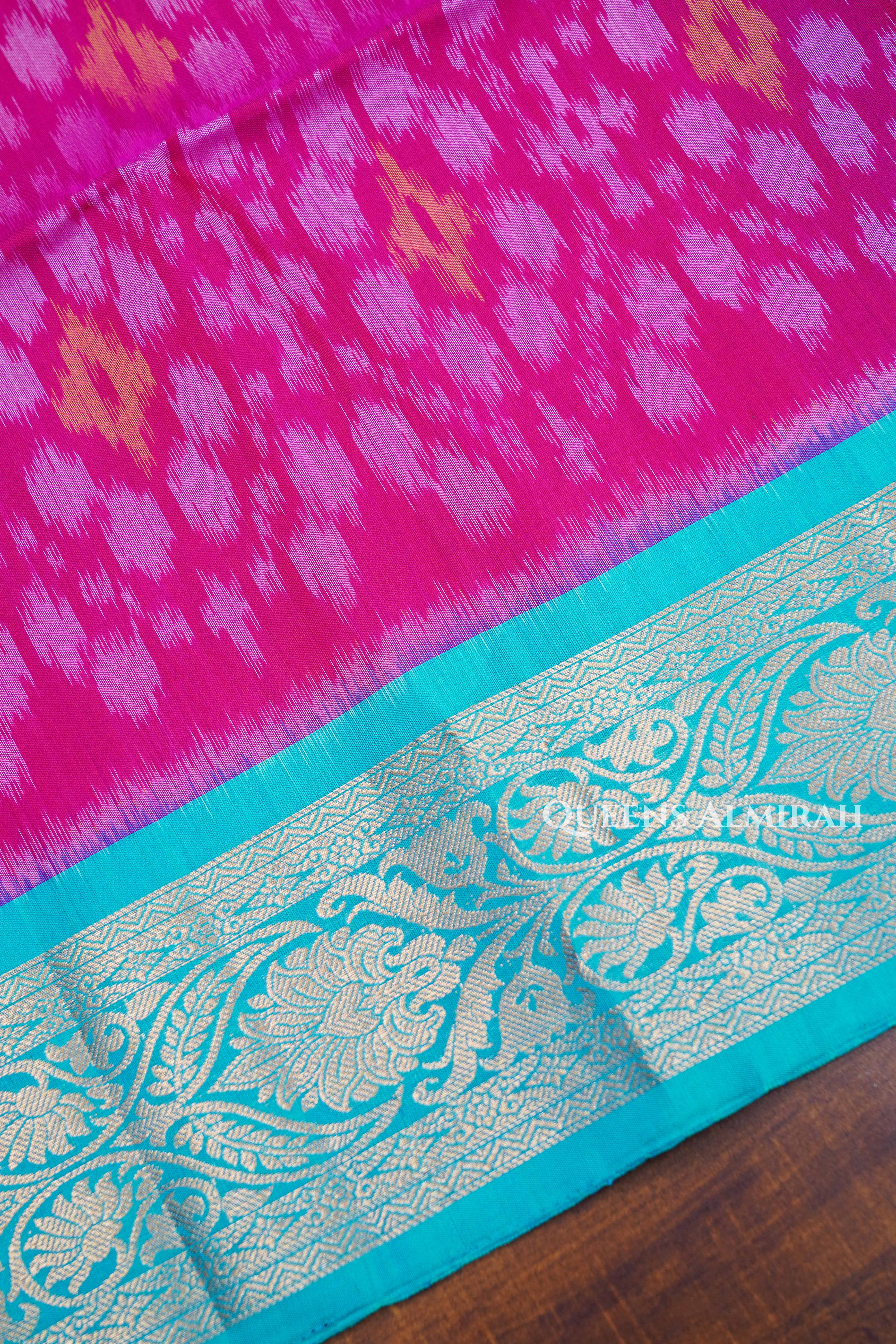 Rani Pink With Blue Pure Soft Silk Saree
