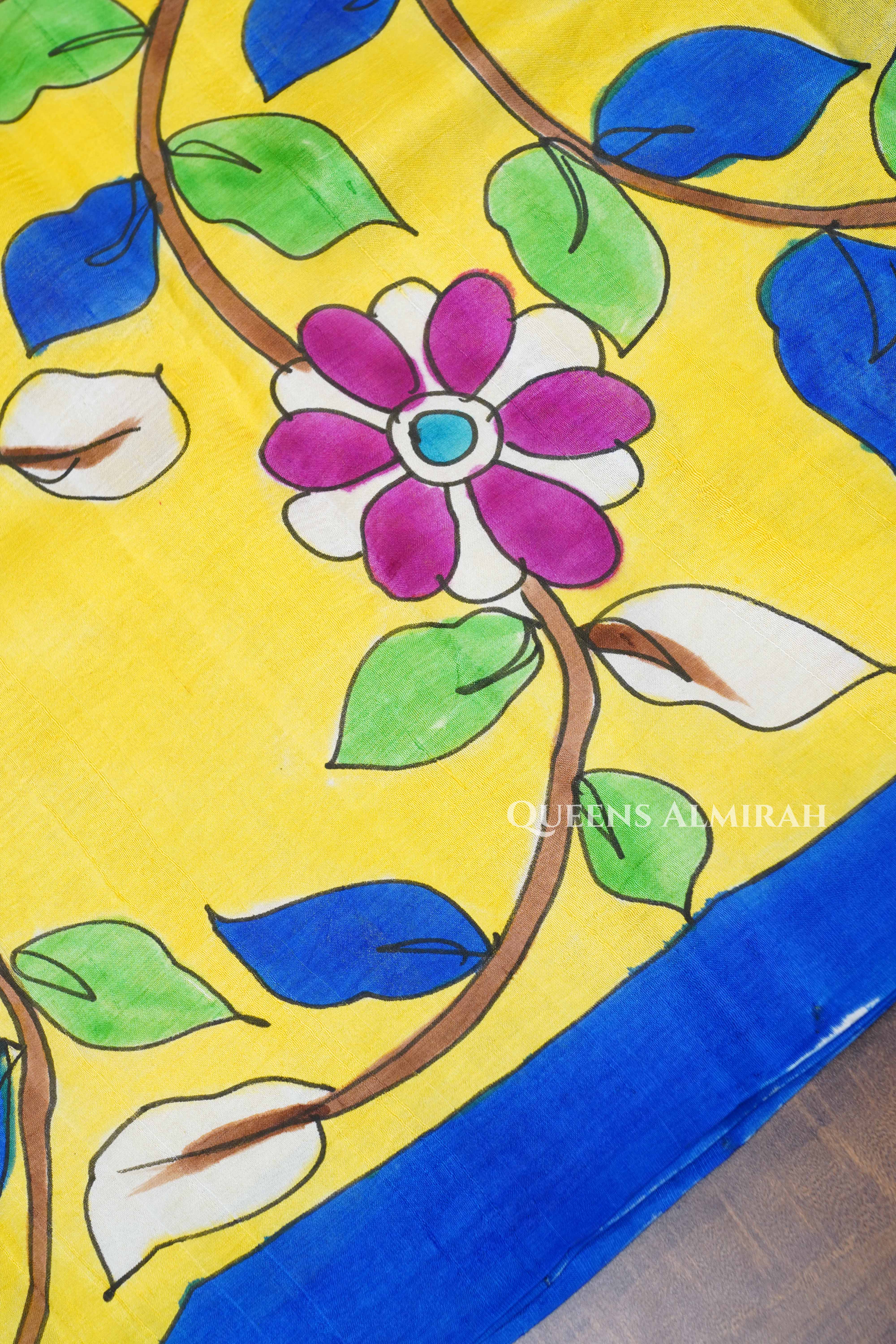 Bright Yellow Hainpainted Pure Tussar Silk Saree