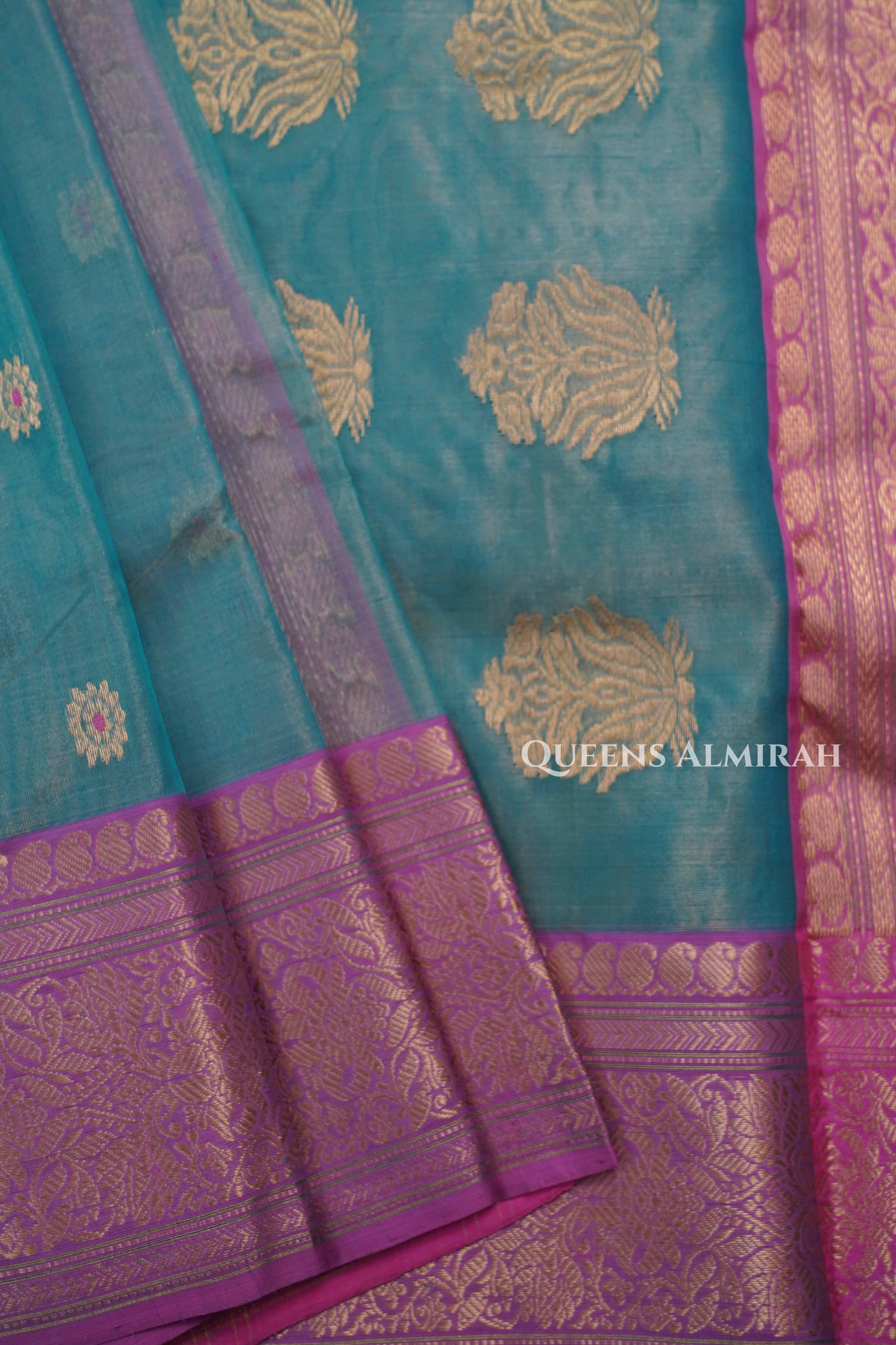 Duale Shade Of Green With Pink Chanderi Katan Silk Handloom Saree