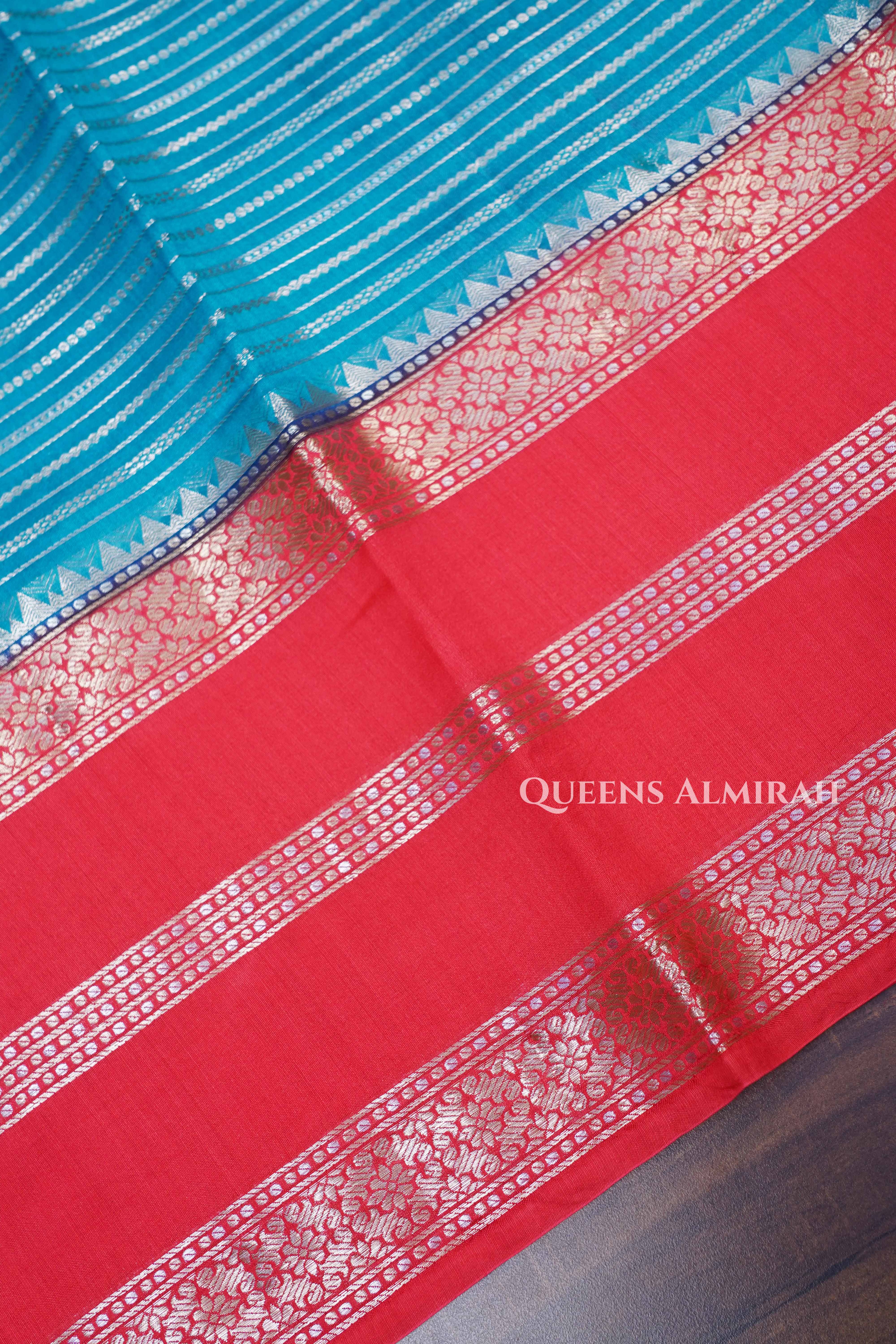 Sky Blue With Orange Chiniya Silk Saree