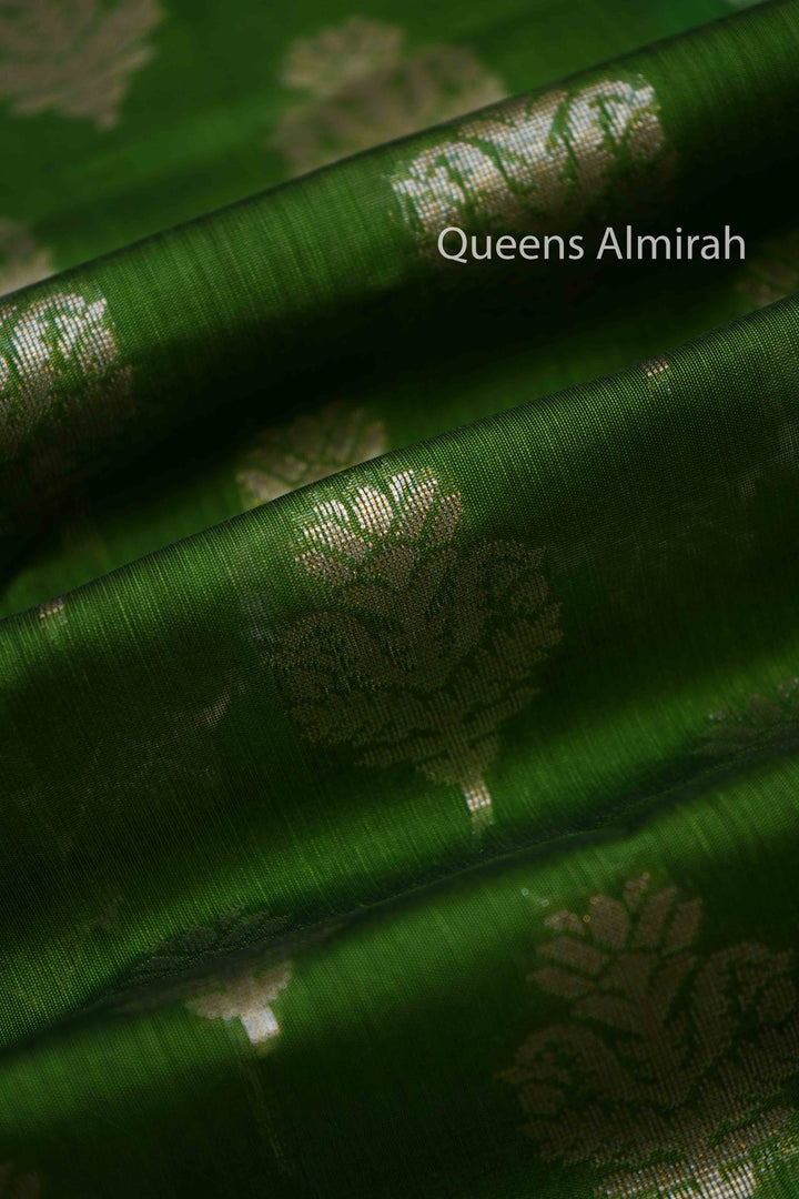 GREEN GREY BANARASI SILK COTTON SAREE - Queens Jewel Emporium