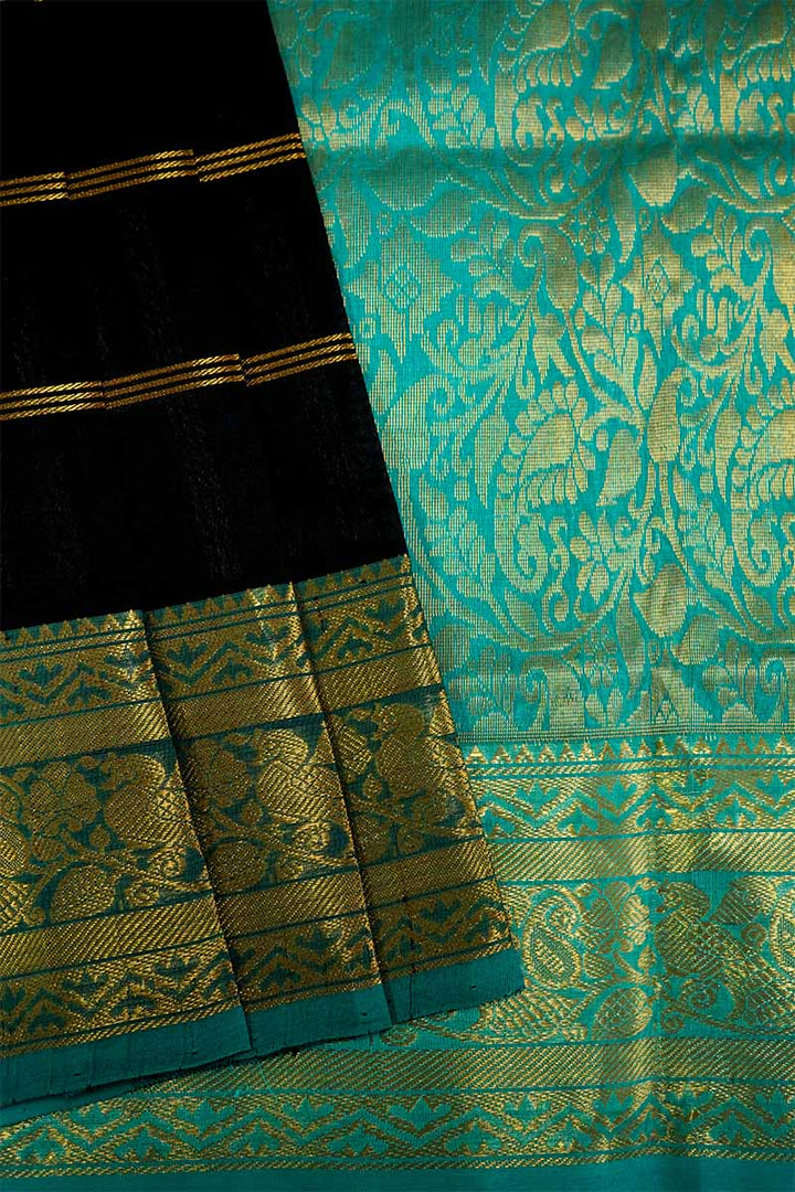 PURE KANCHI SILK COTTON - RICH BLACK WITH TEAL BLUE - Queens Jewel Emporium