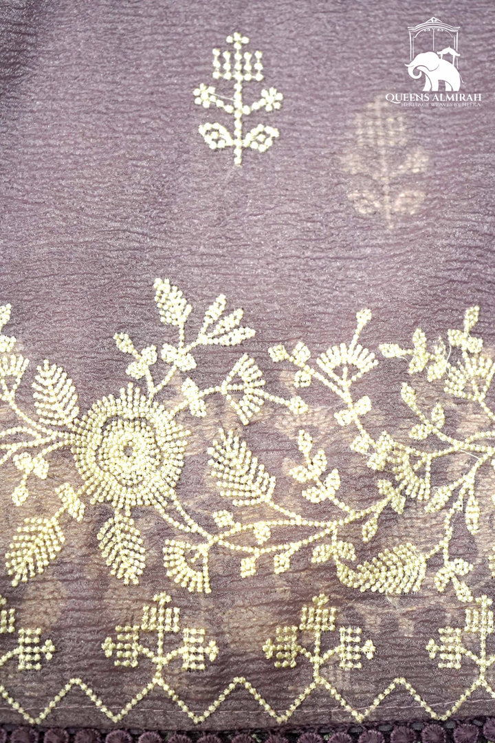 THISTLE PURPLE WITH WHITE EMBROIDERY BORDER TISSUE SAREE - Queens Jewel Emporium