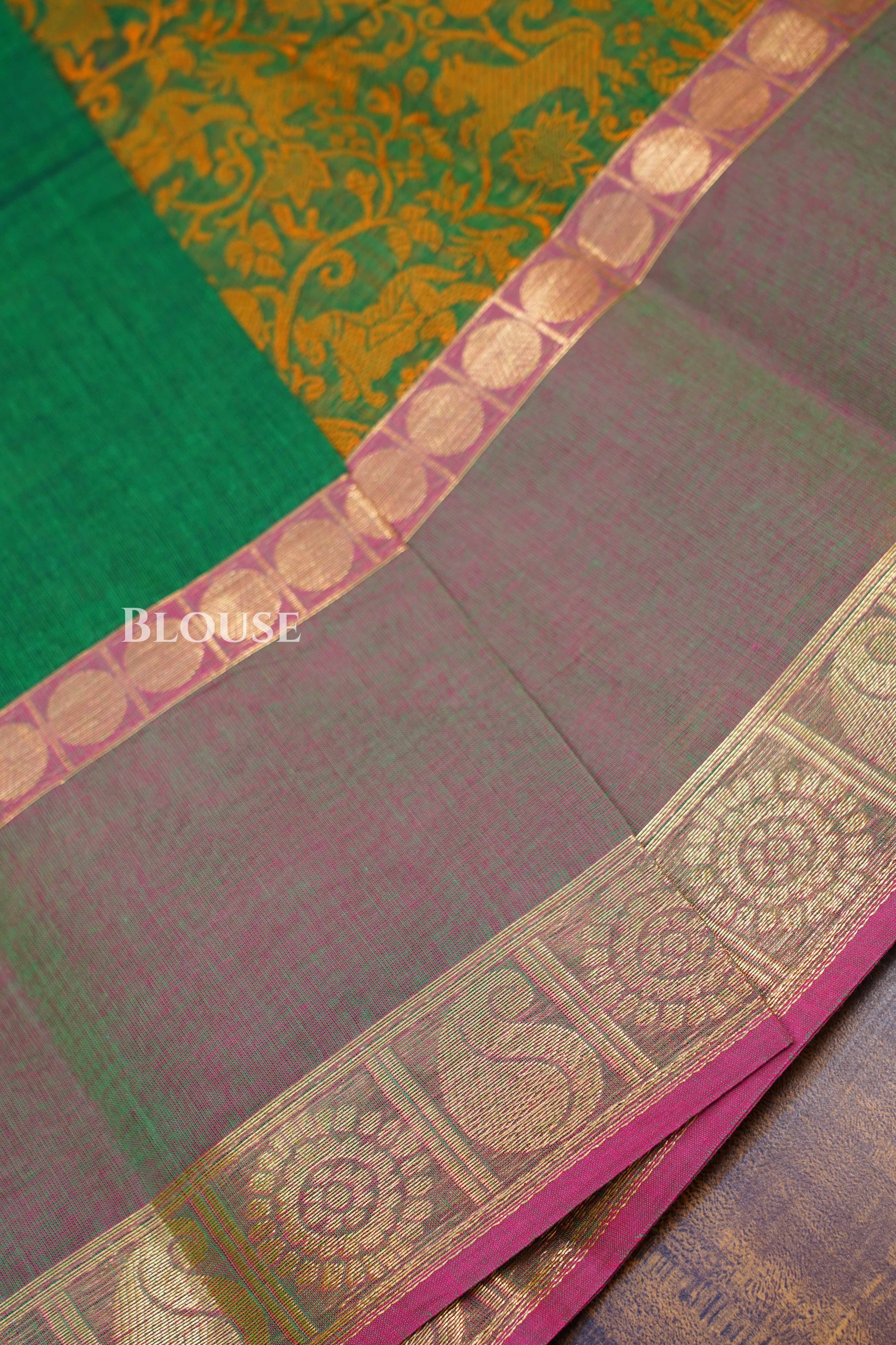Mustard Yellow With Green Kanchi Cotton Saree