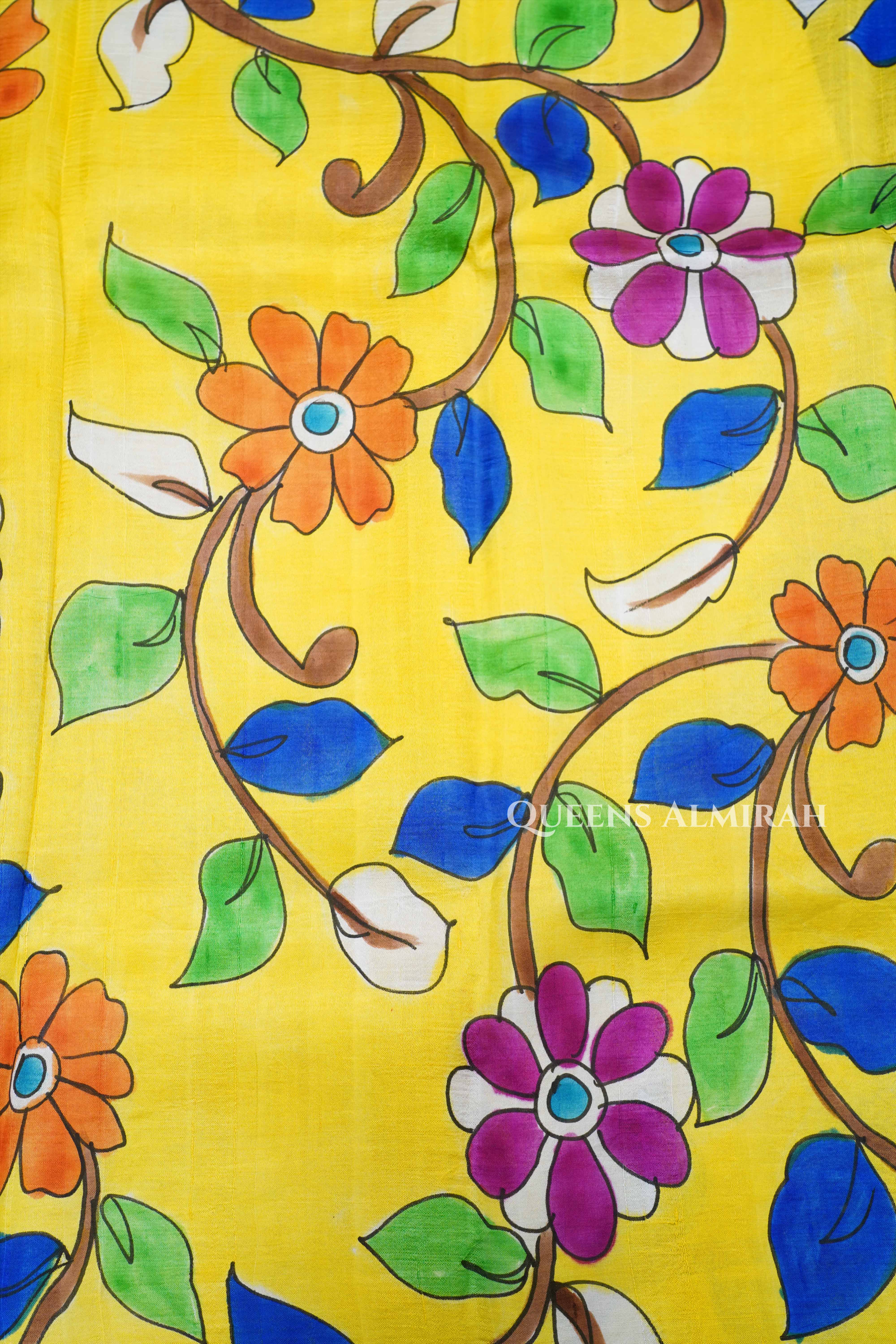 Bright Yellow Hainpainted Pure Tussar Silk Saree