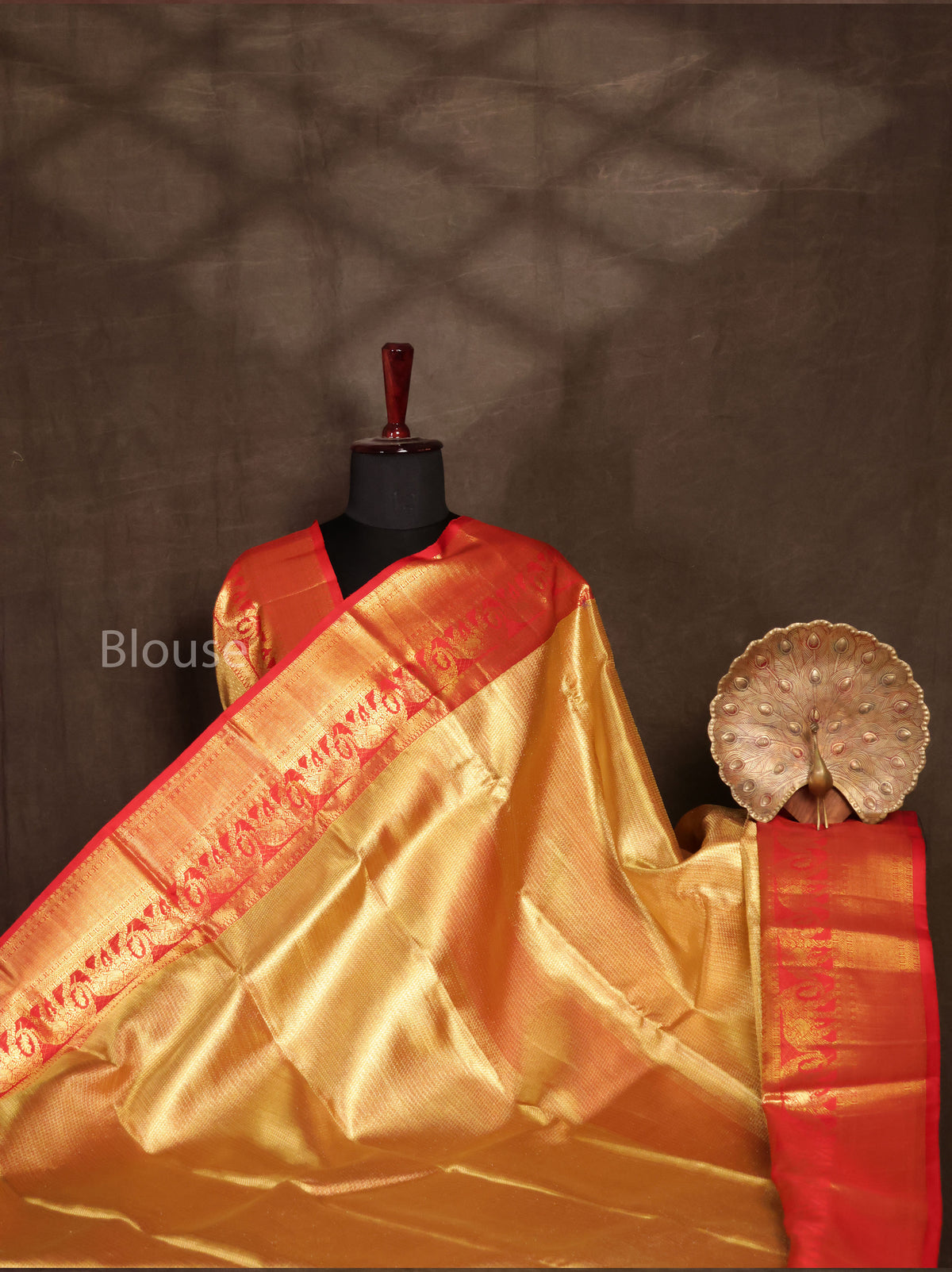 Golden With Red Pure Kanchivaram Silk Saree