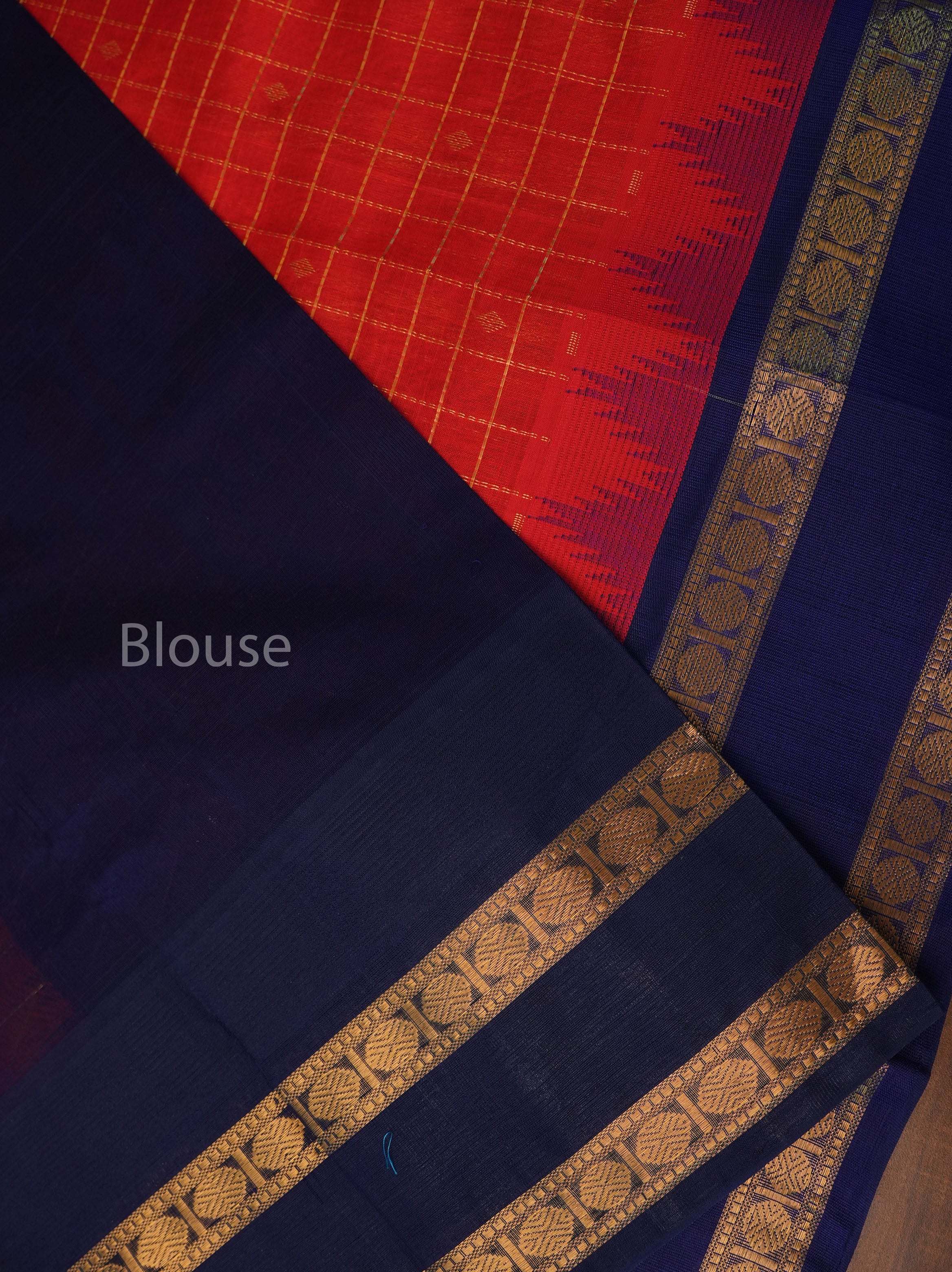 Red Kattam With Blue Pure Silk Cotton Saree