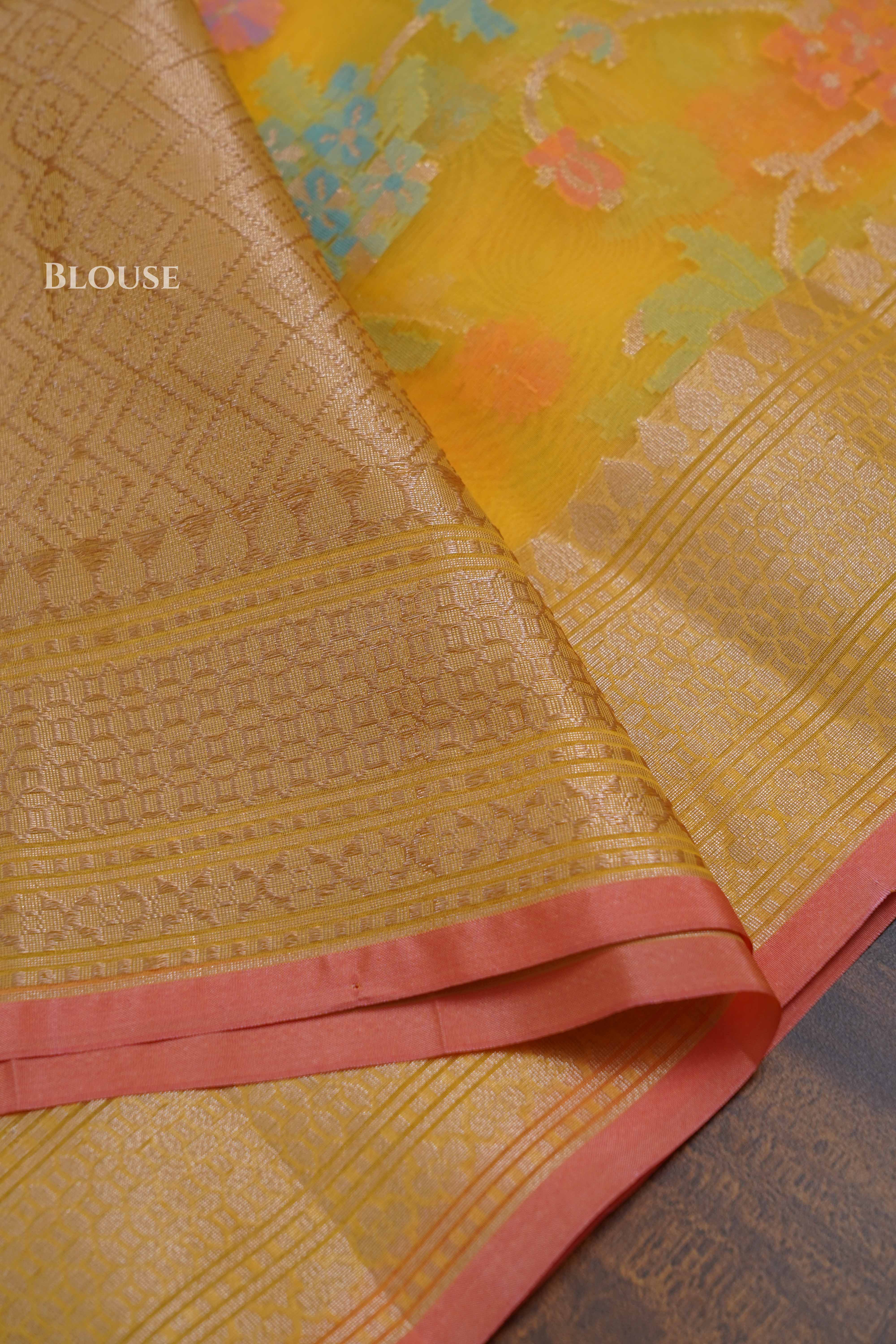 Yellow Banarasi Organza Saree