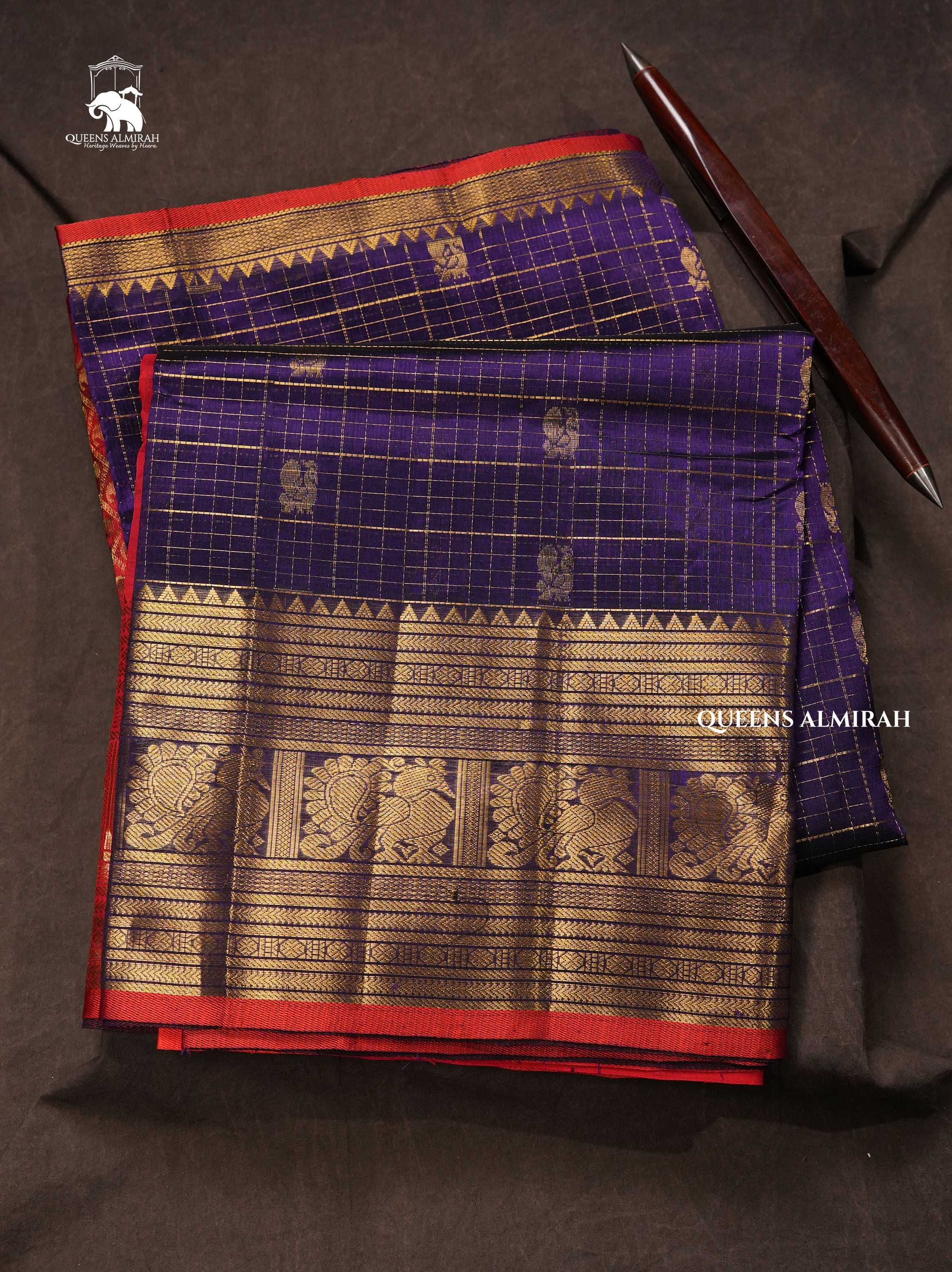 Navy Blue With Red Pure Silk Cotton Saree