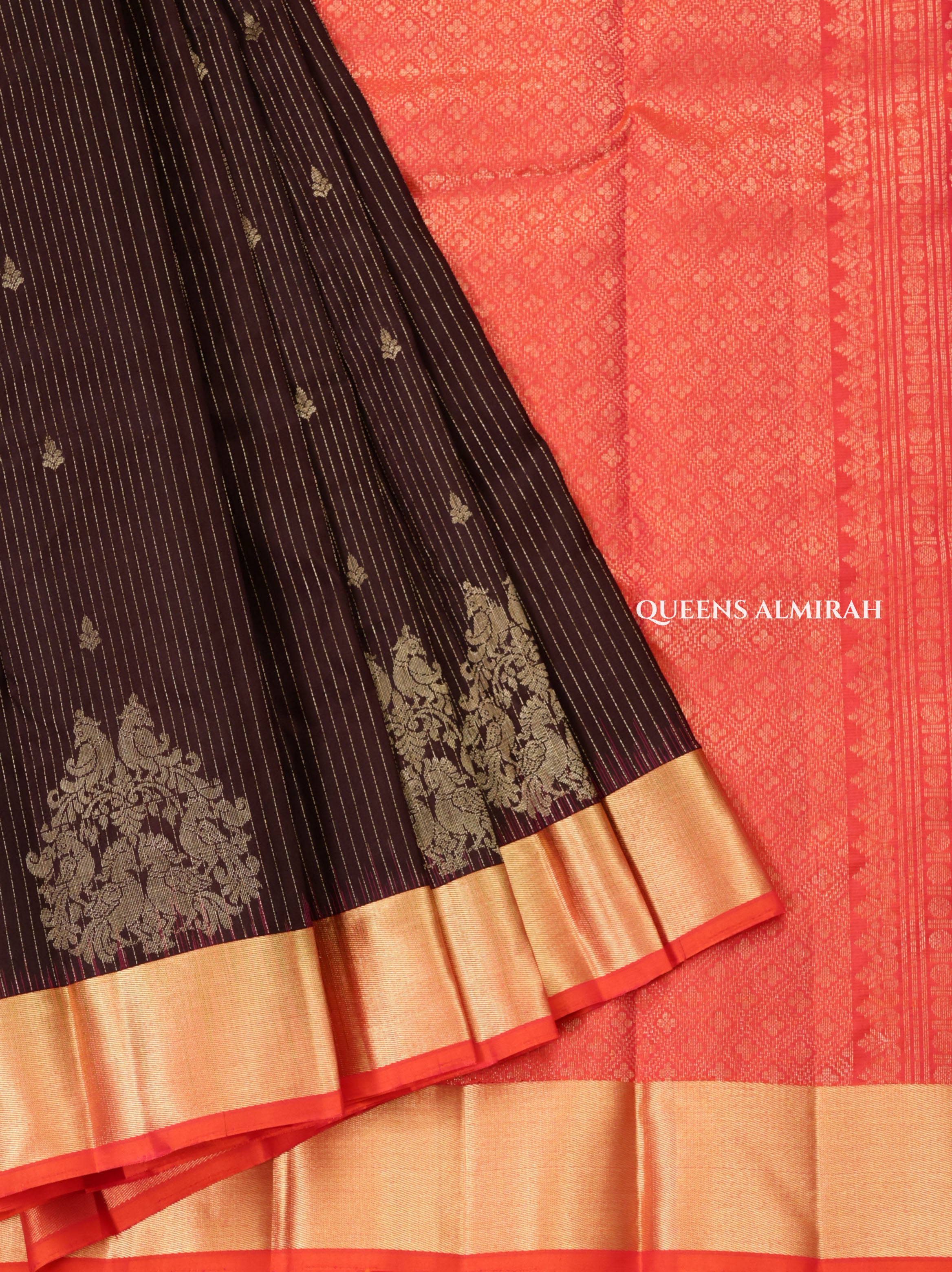 Cocoa Bean With Peach Orange Pure Kanchivaram Silk Saree