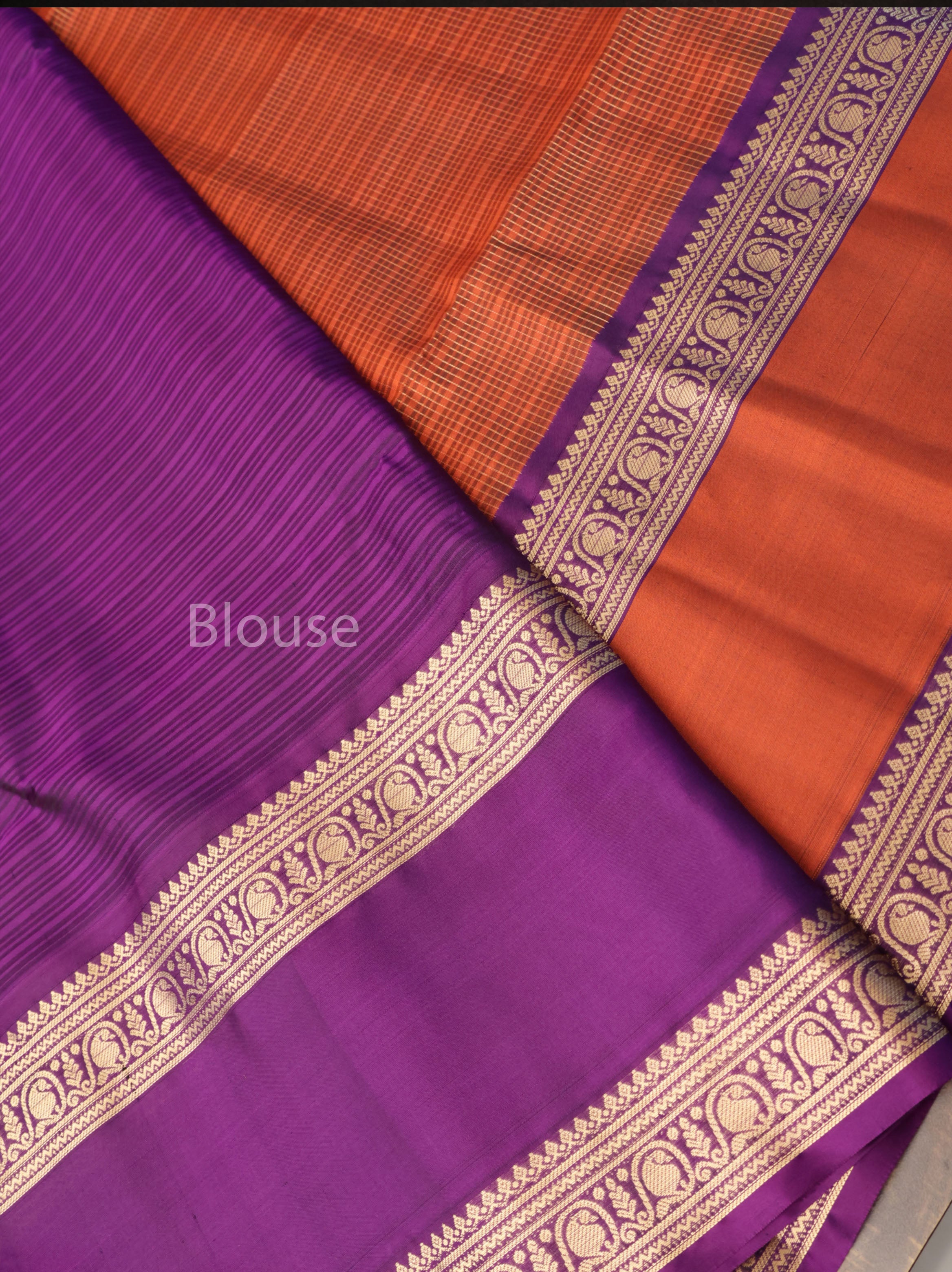 Rust Orange With Purple Pure Soft Silk Saree