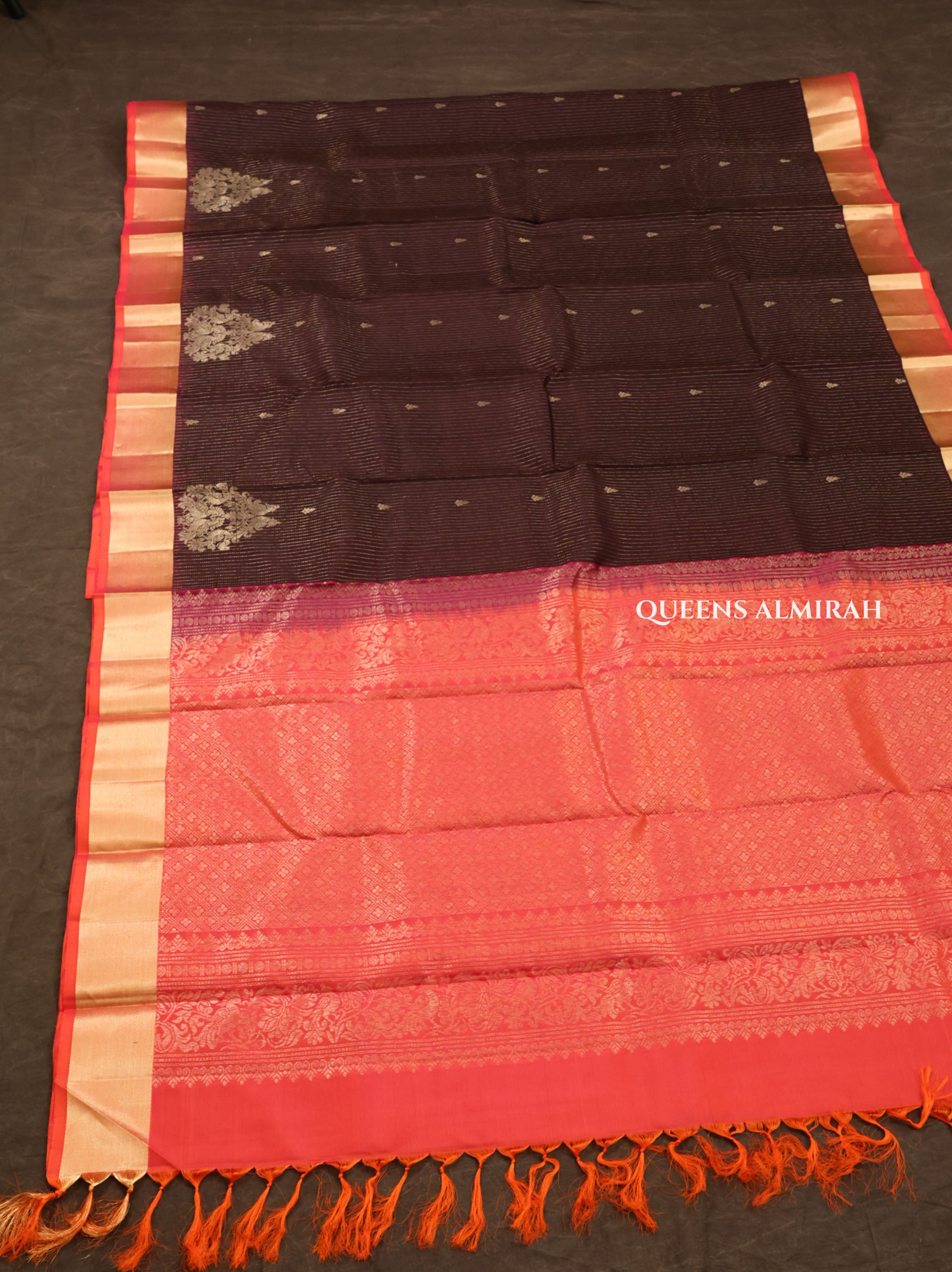 Cocoa Bean With Peach Orange Pure Kanchivaram Silk Saree