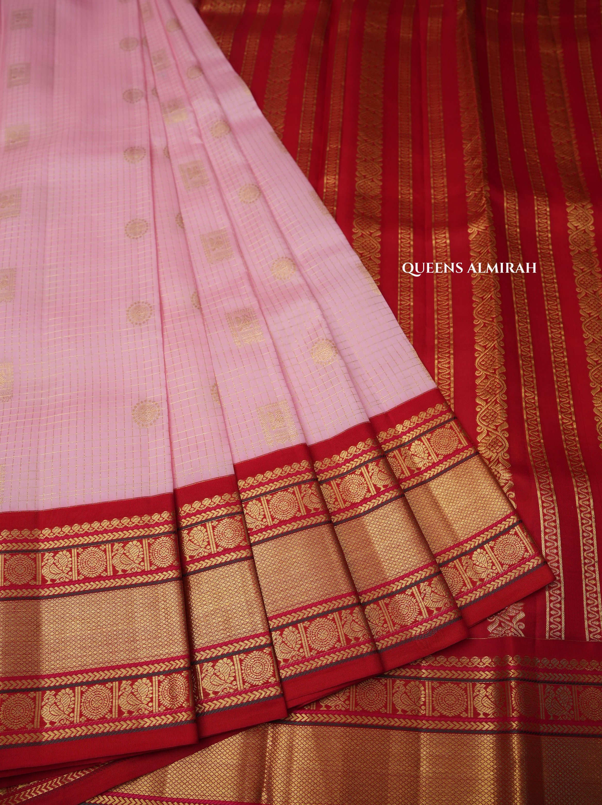 Rose Milk Pink With Red Pure Kanchivaram Silk Saree