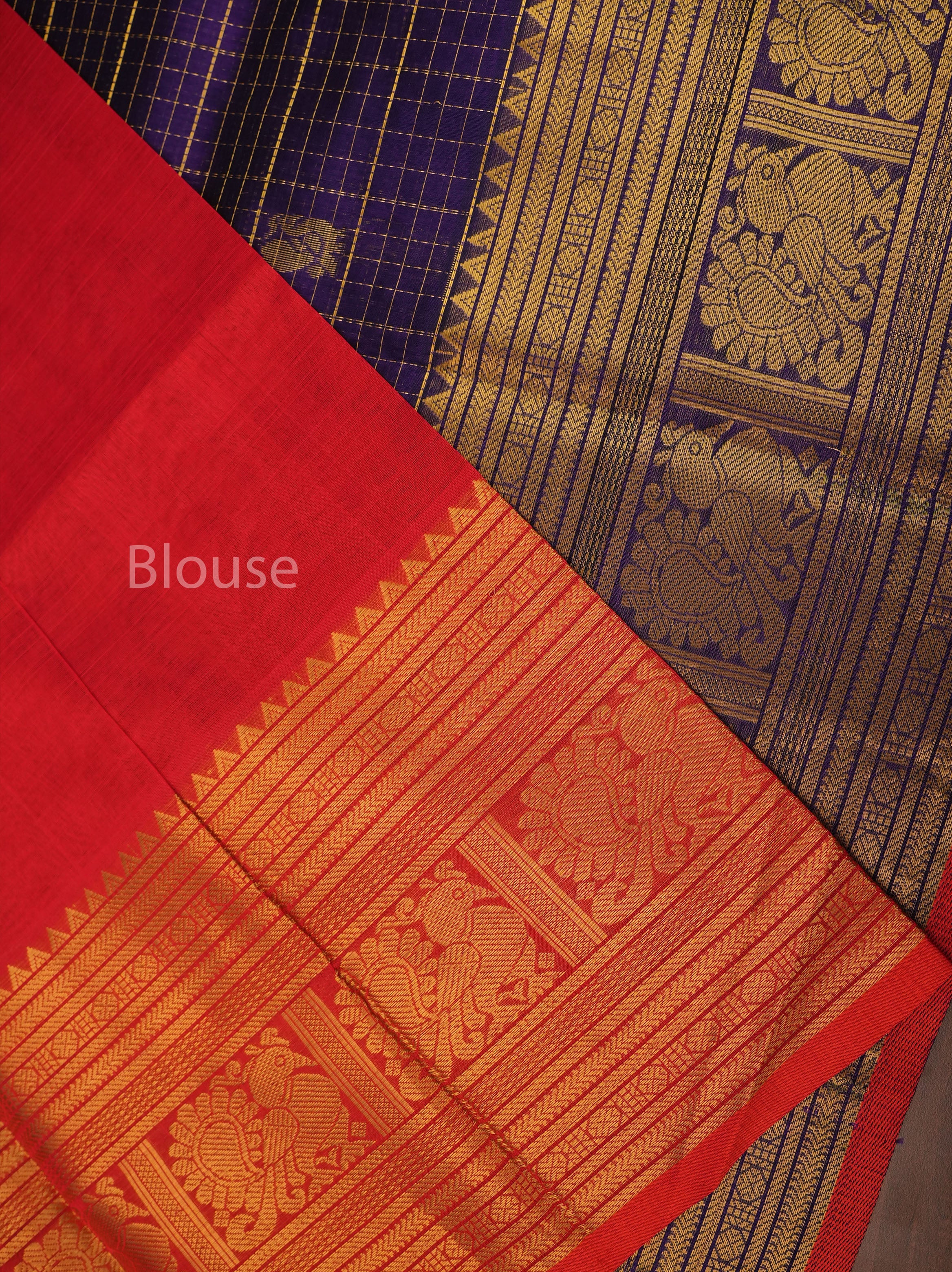 Navy Blue With Red Pure Silk Cotton Saree
