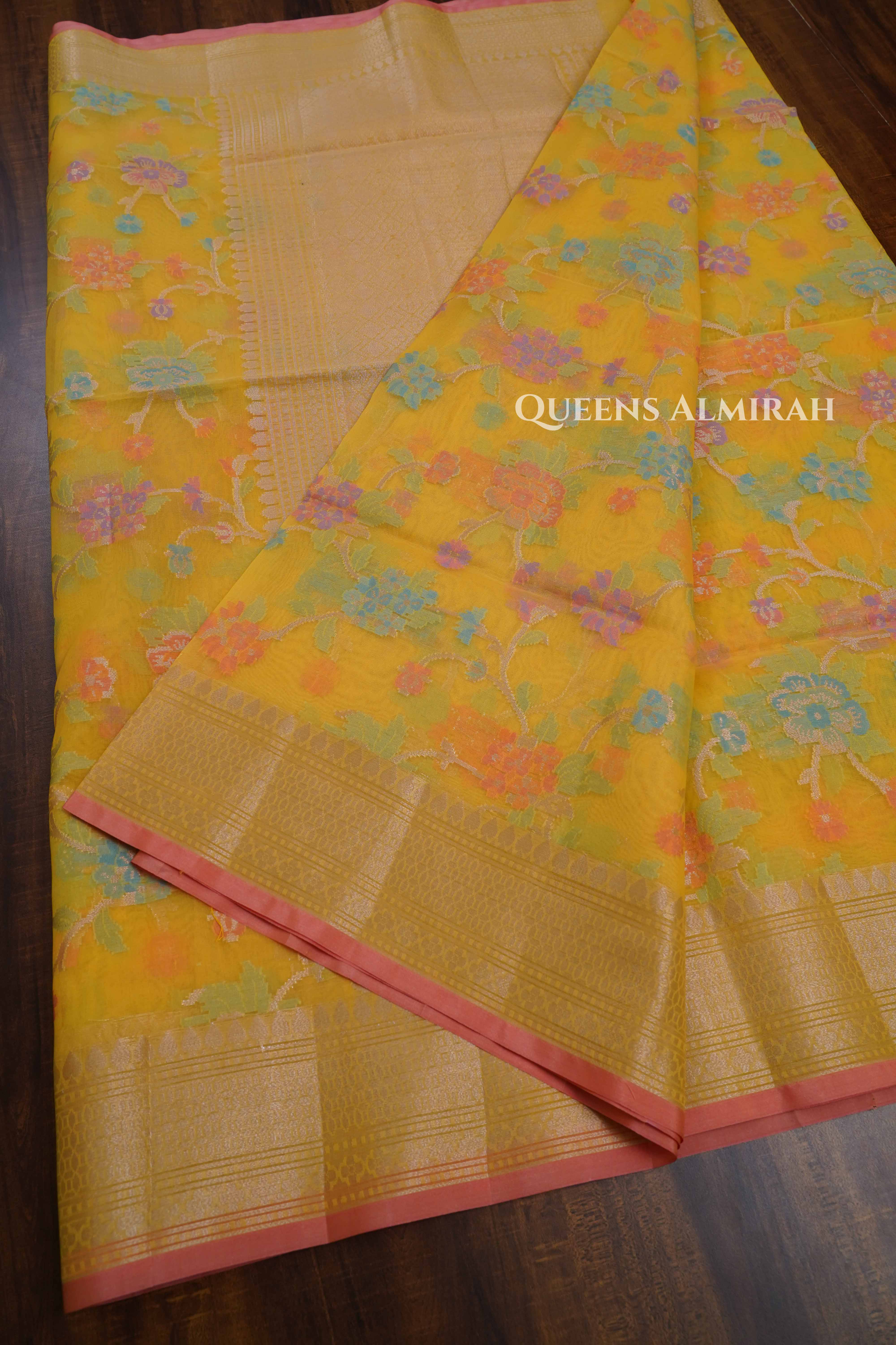 Yellow Banarasi Organza Saree