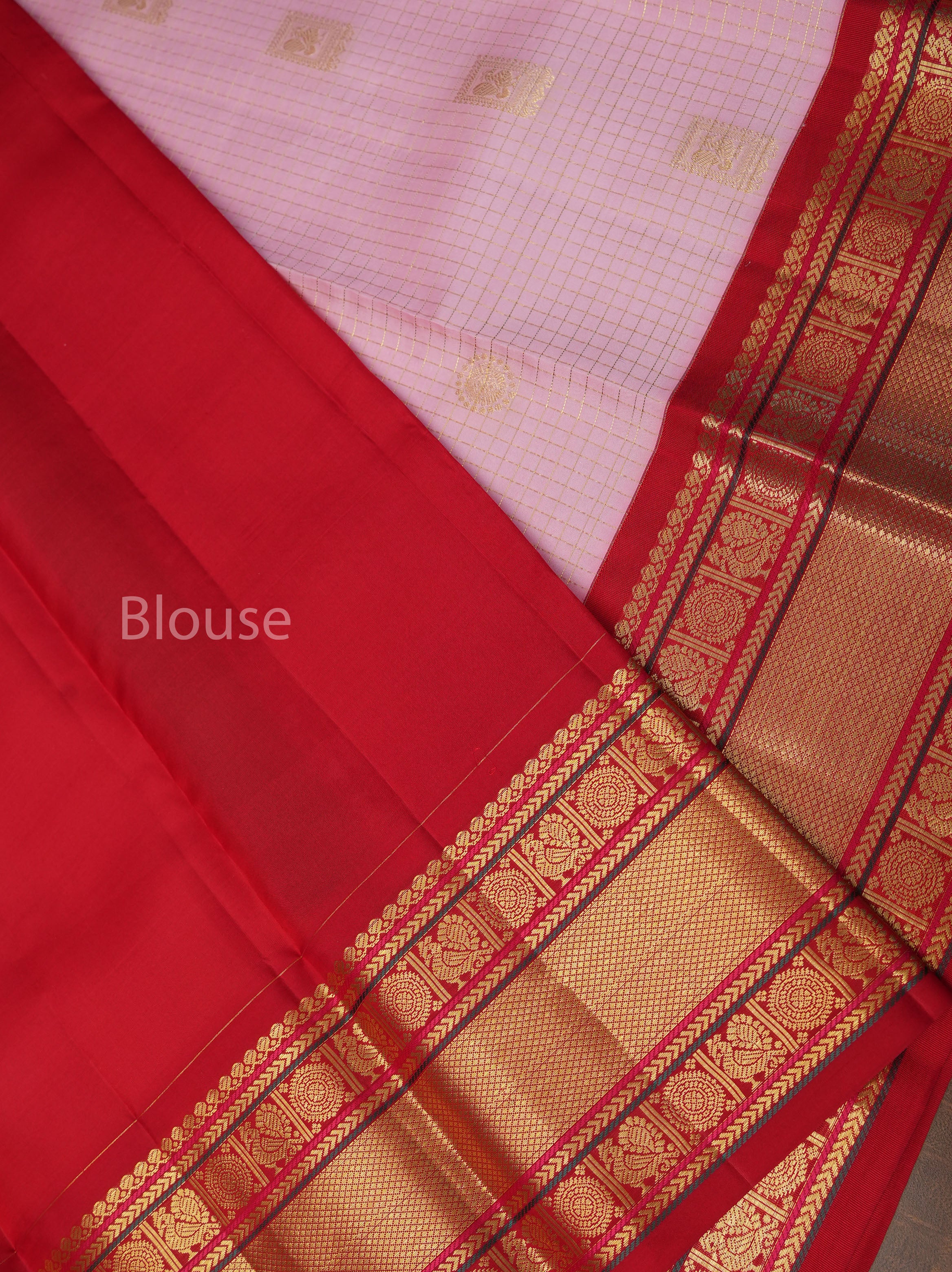 Rose Milk Pink With Red Pure Kanchivaram Silk Saree