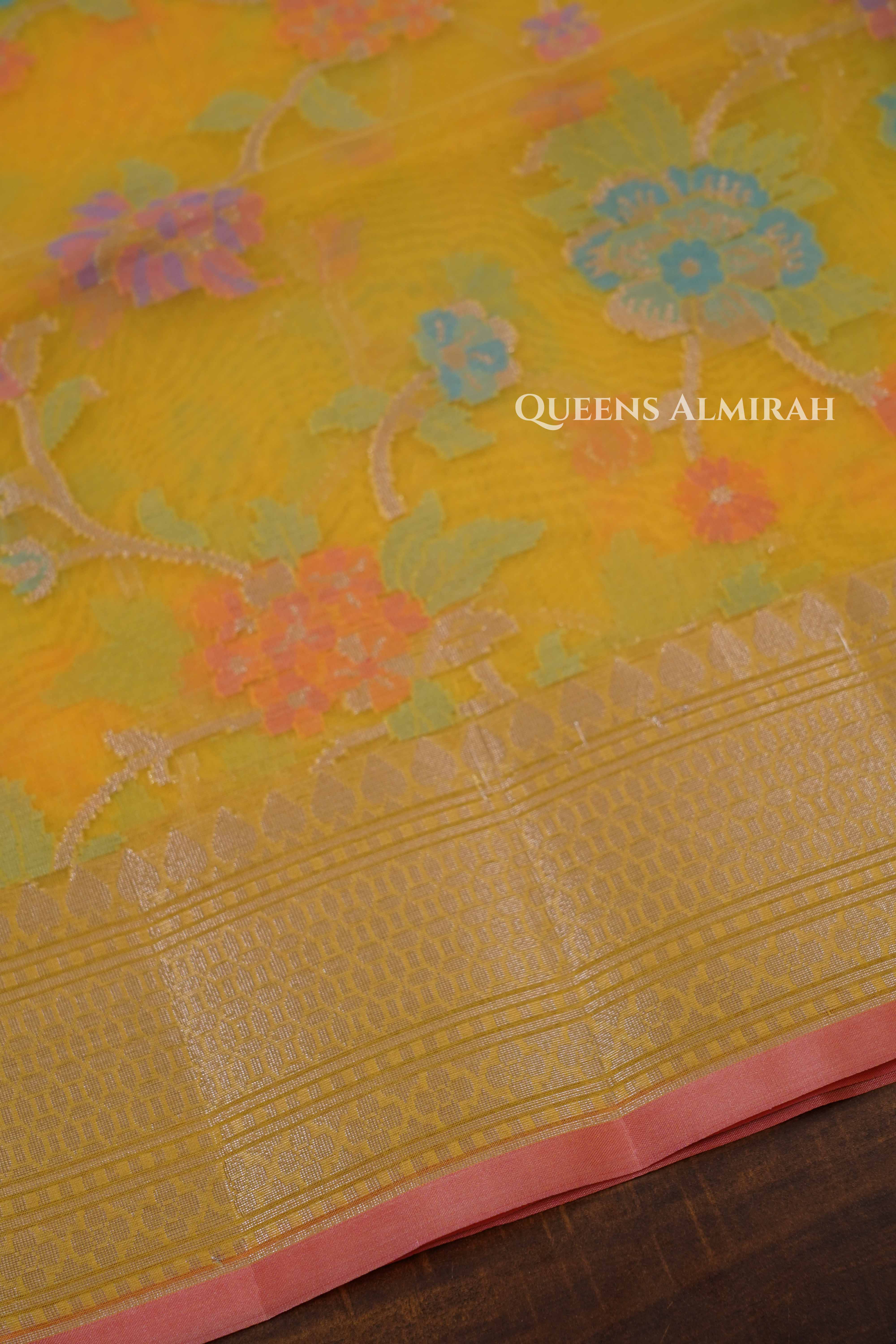 Yellow Banarasi Organza Saree