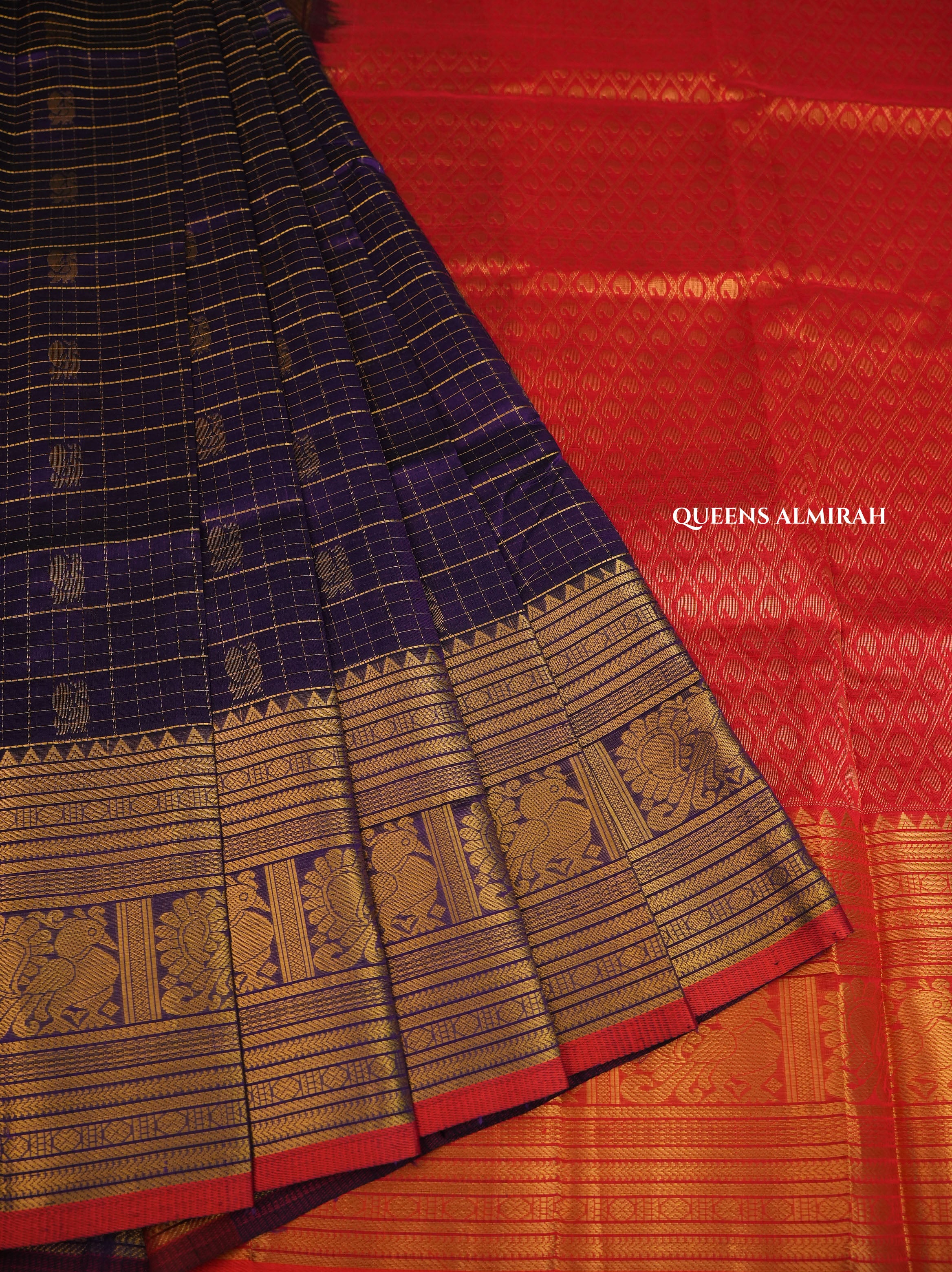 Navy Blue With Red Pure Silk Cotton Saree