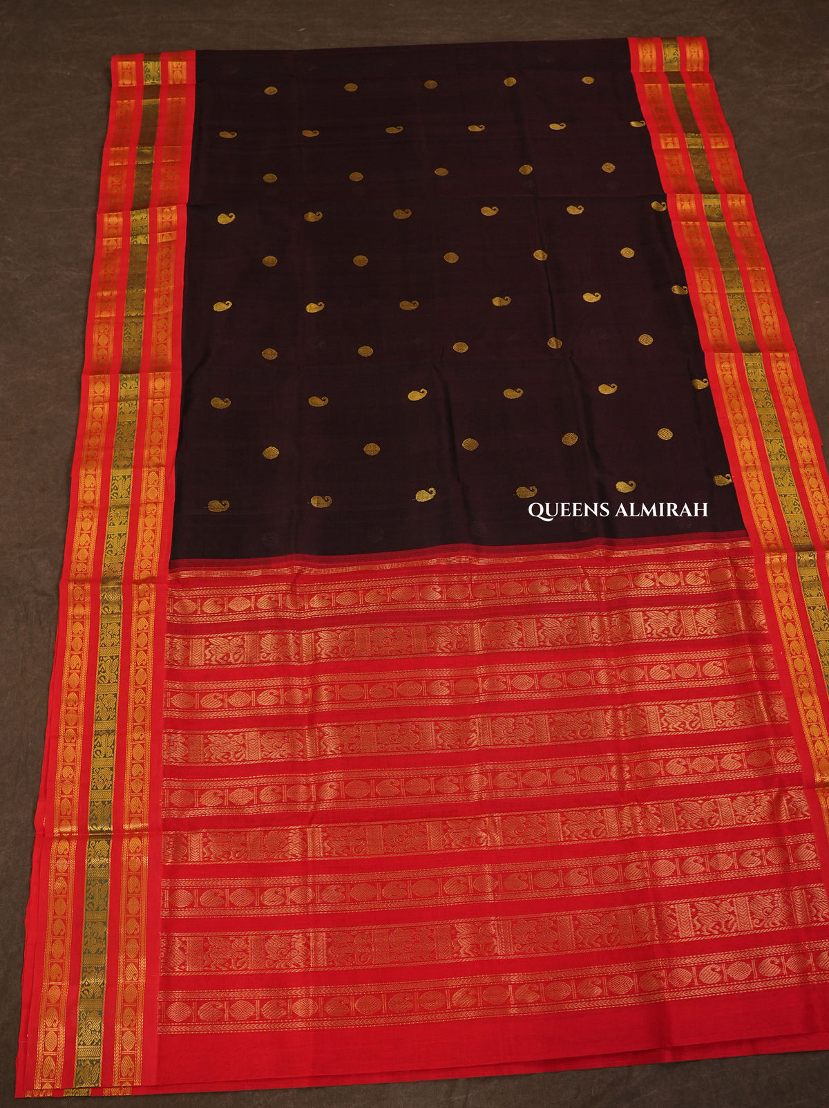 Dark Brown With Red Pure Silk Cotton Saree