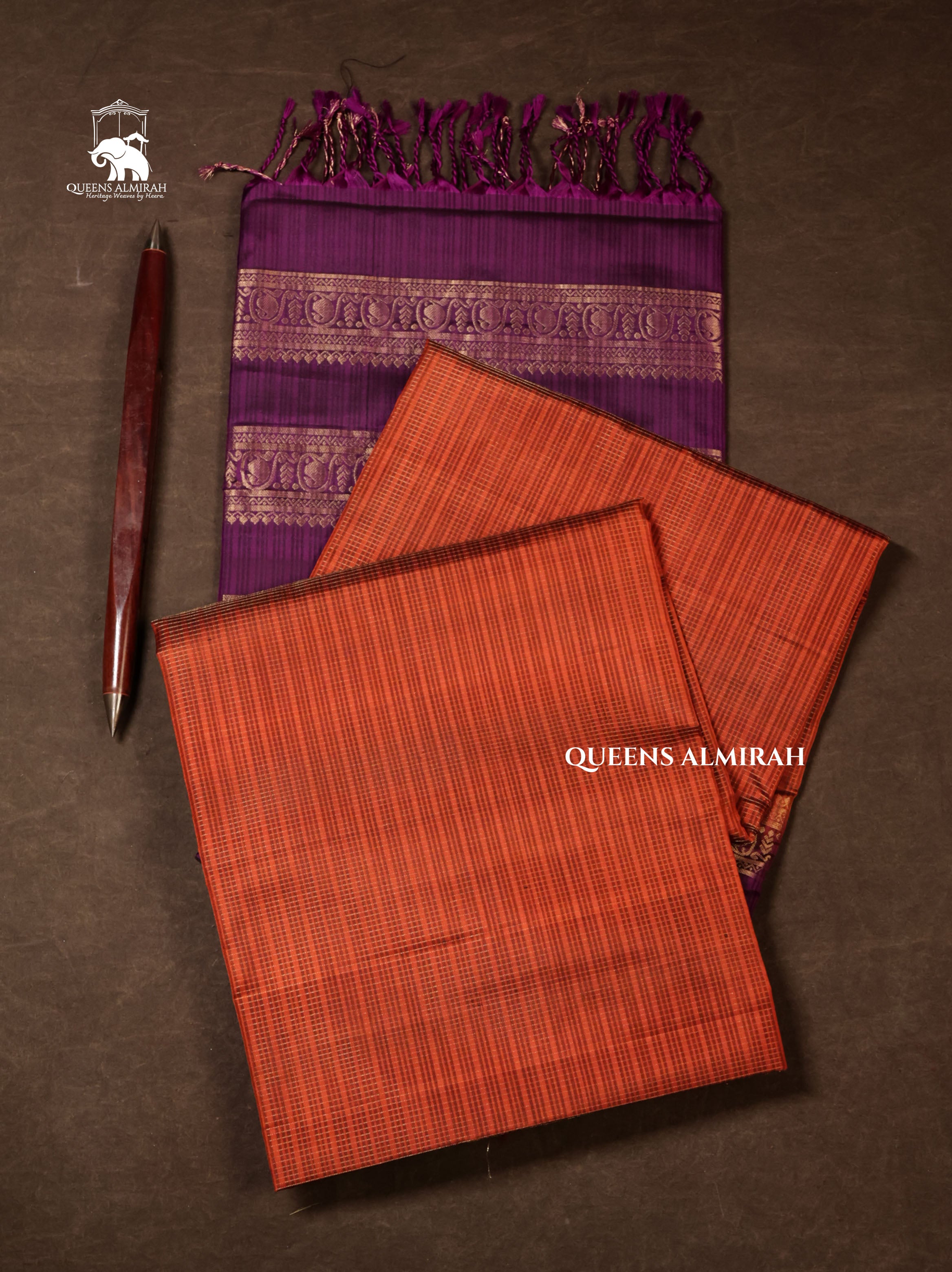 Rust Orange With Purple Pure Soft Silk Saree