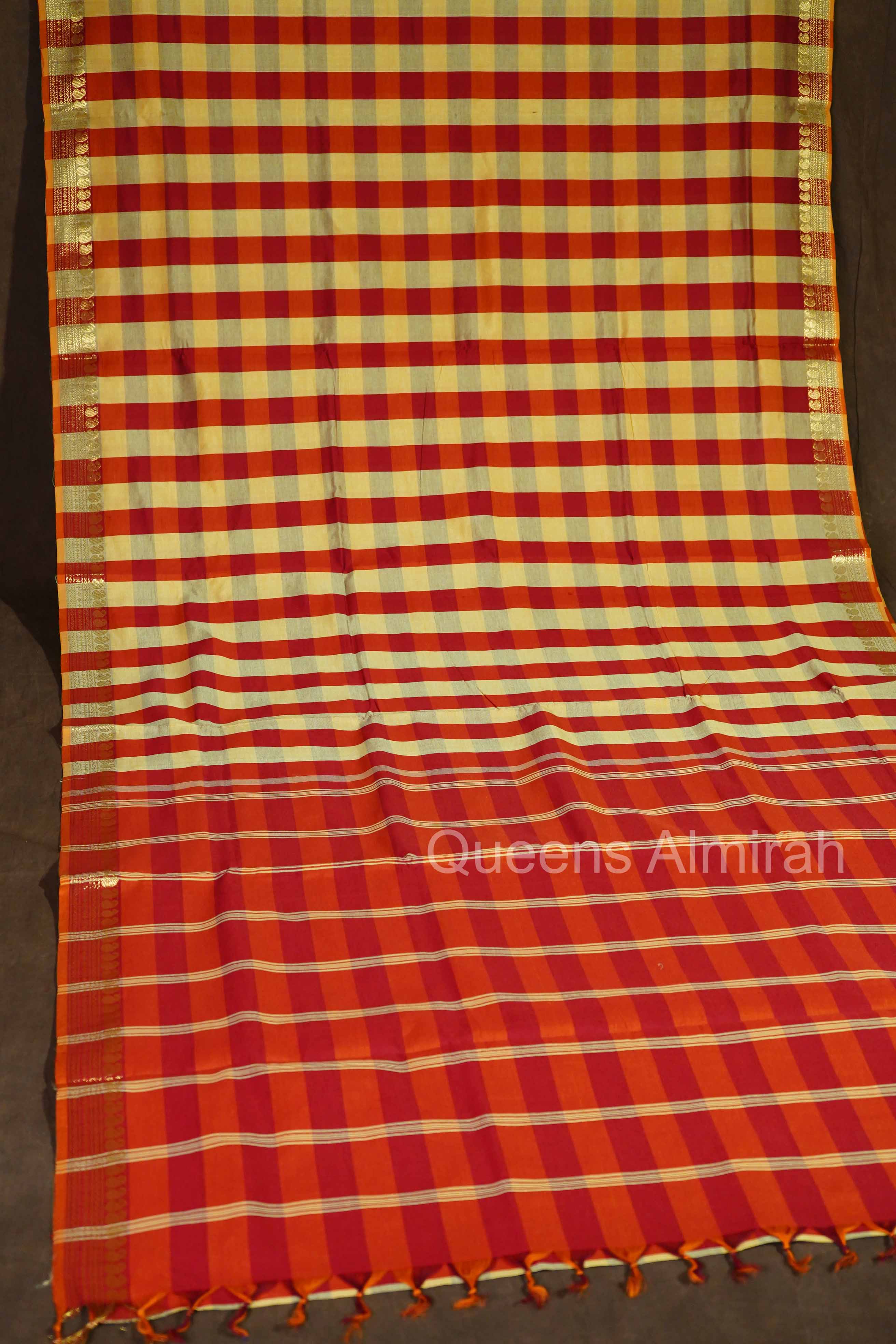 Red With Pastel Yellow Checks Semi Silk Cotton Saree