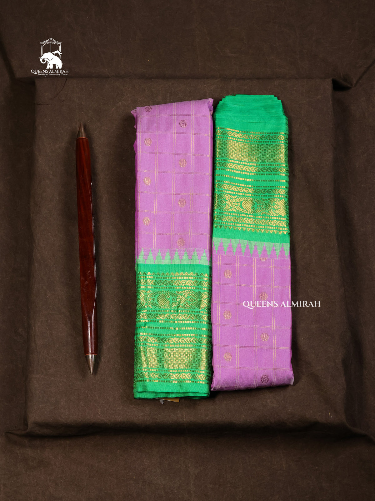 Lavender With Green Semi Gadwal Silk Saree