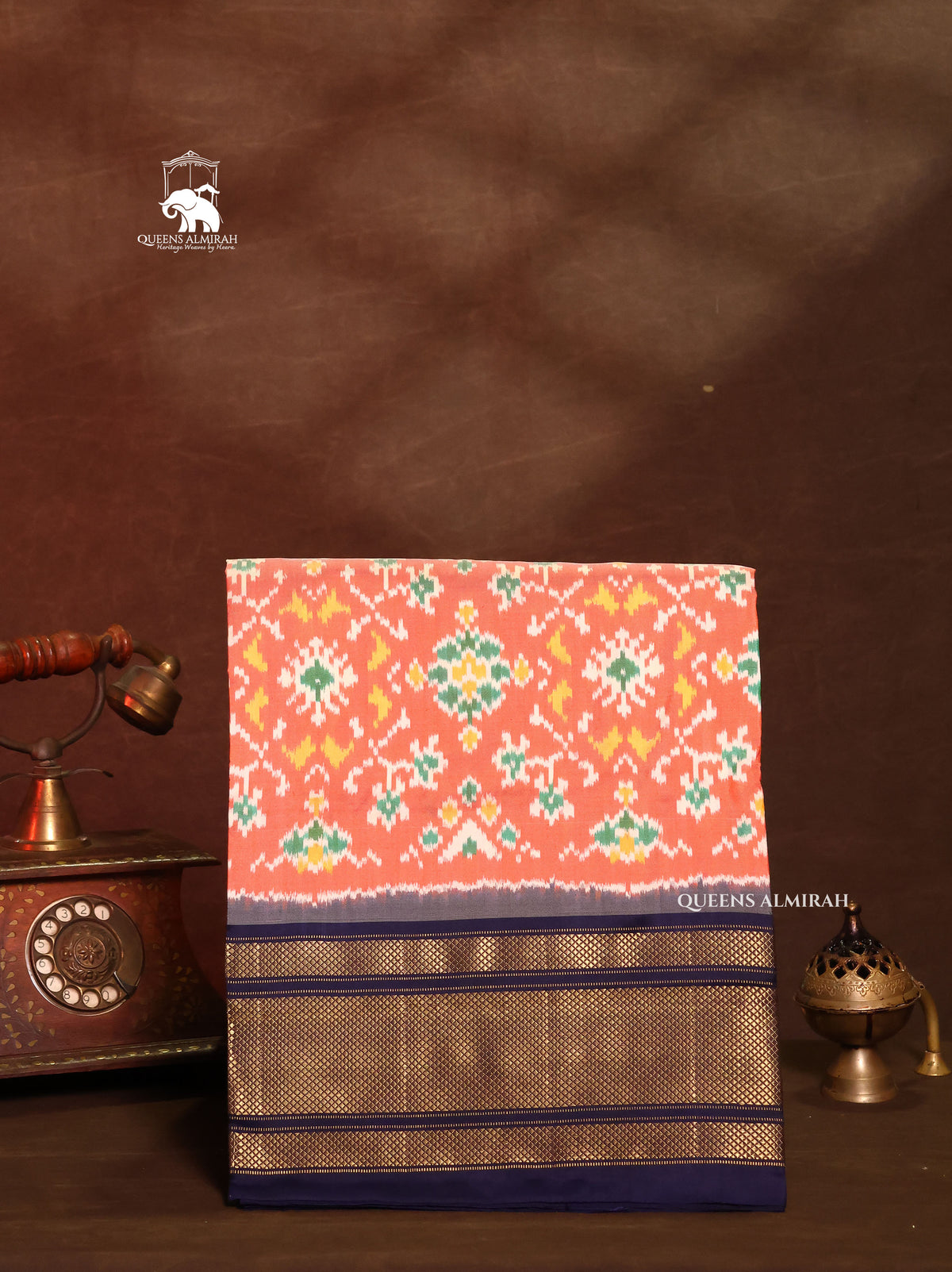 Peach With Navy Blue Pochampally Silk Saree
