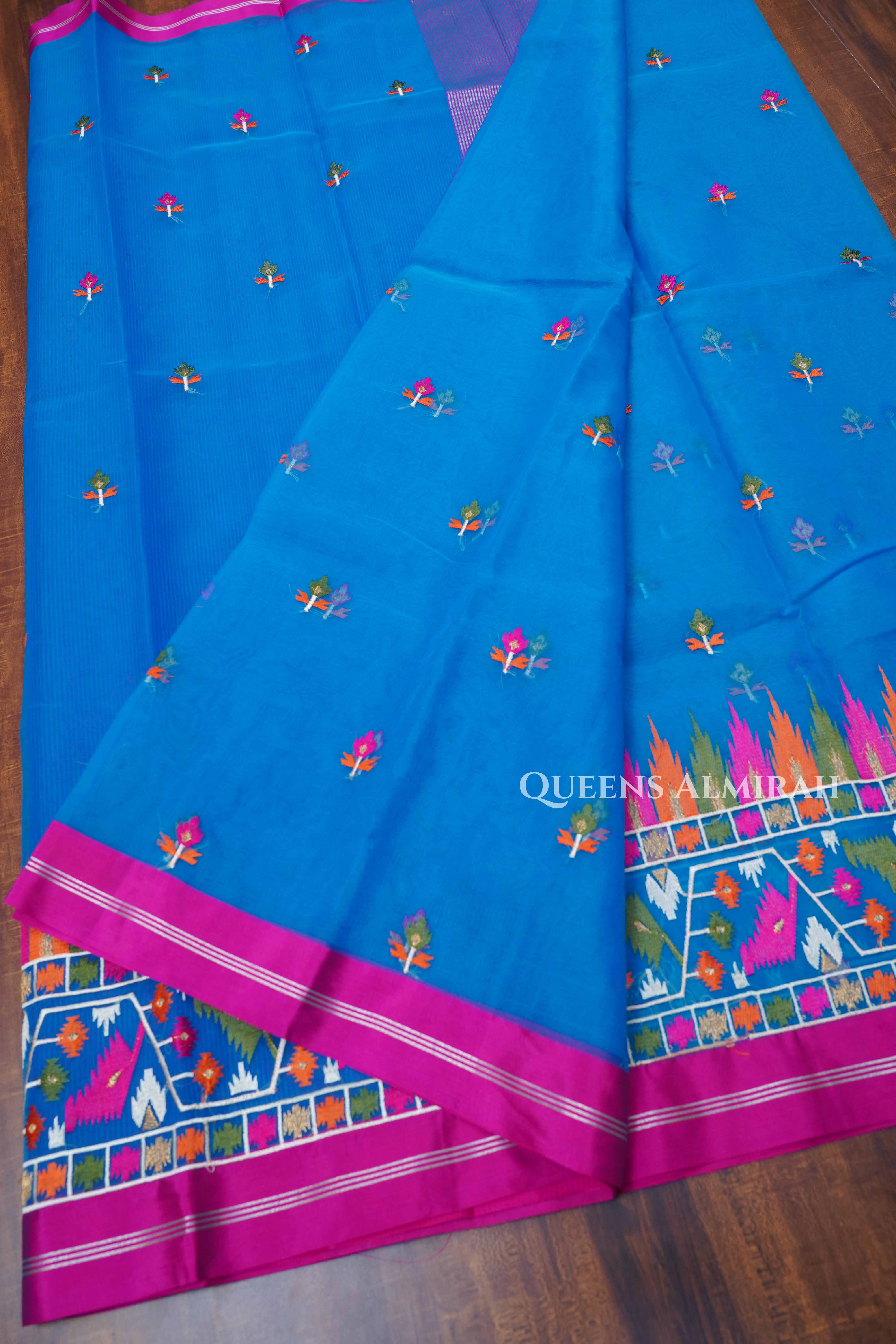Blue With Pink Muslin Organza Saree