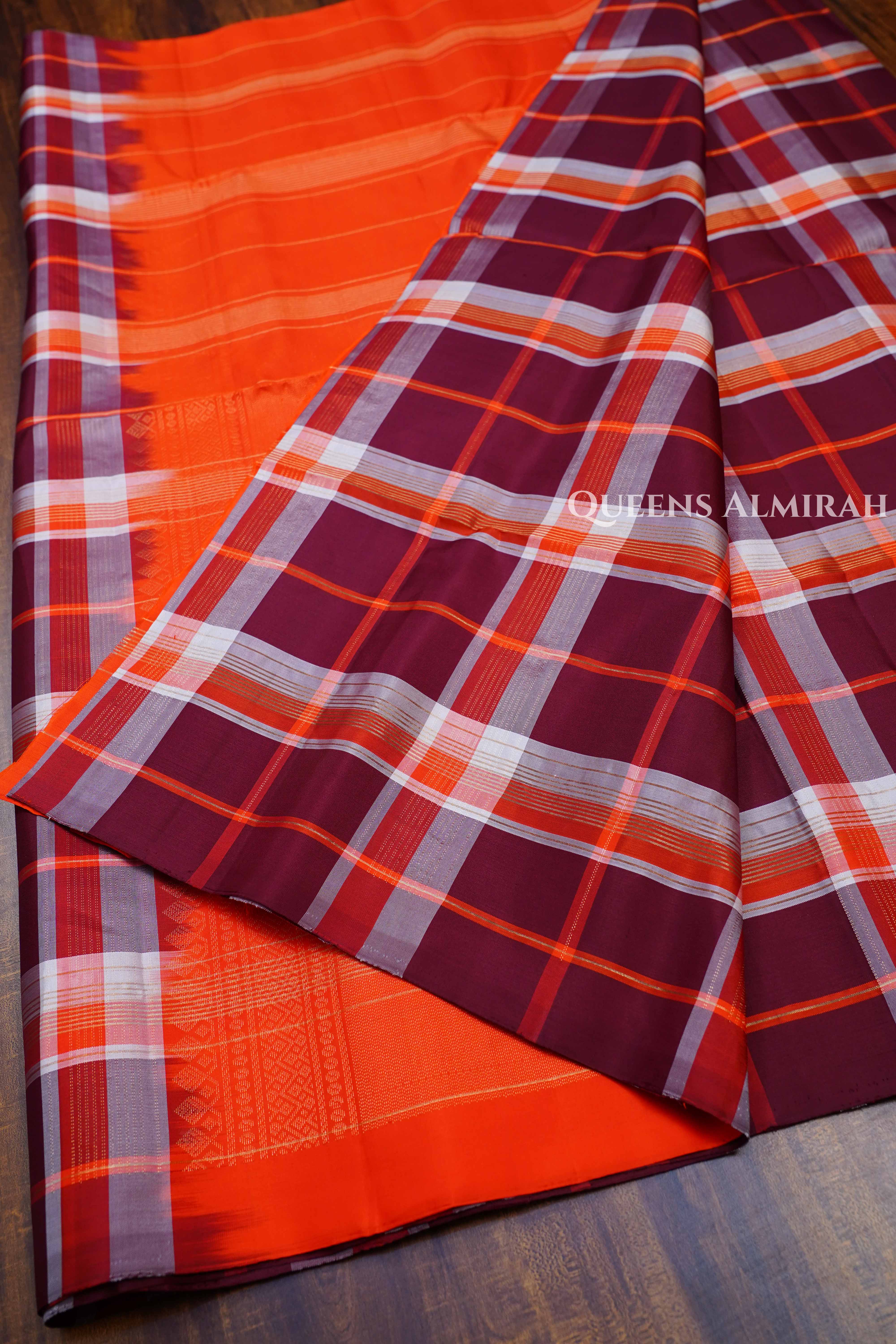 Maroon With Orange Pure Soft Silk Saree