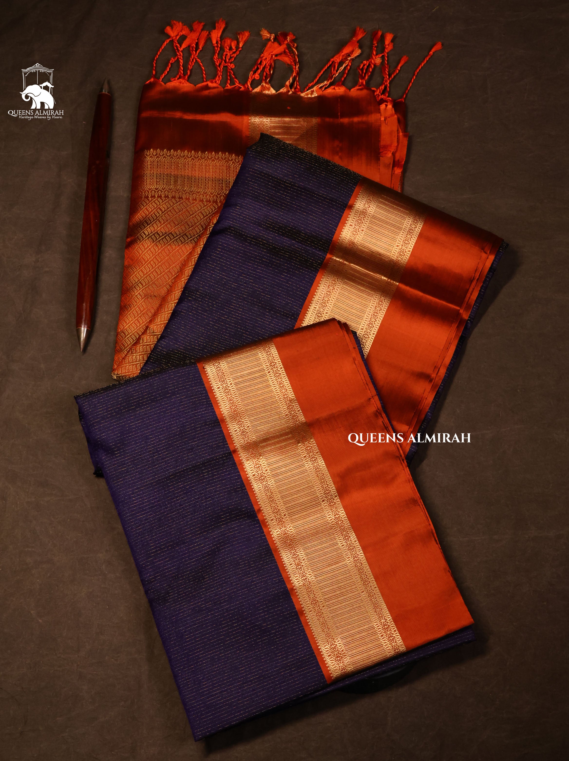 Navy Blue With Dark Orange Pure Soft Silk Saree