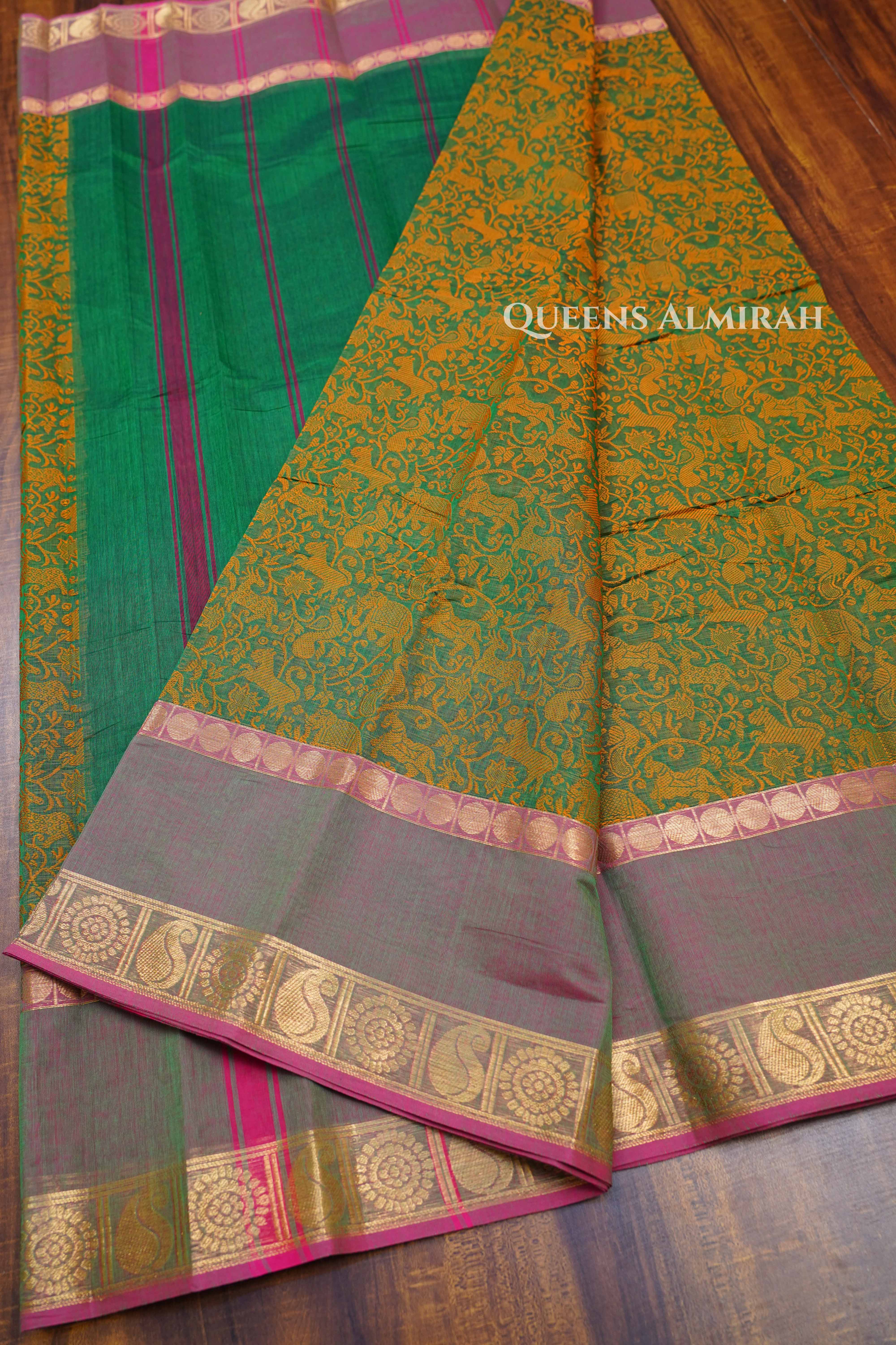 Mustard Yellow With Green Kanchi Cotton Saree