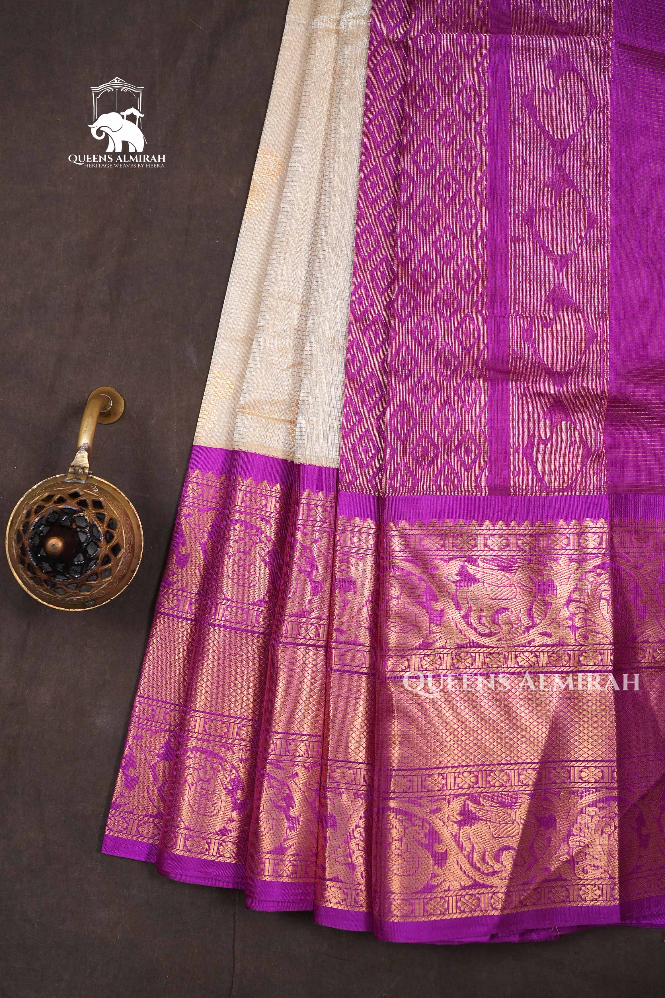 Off White With Purple Pure Silk Cotton Saree