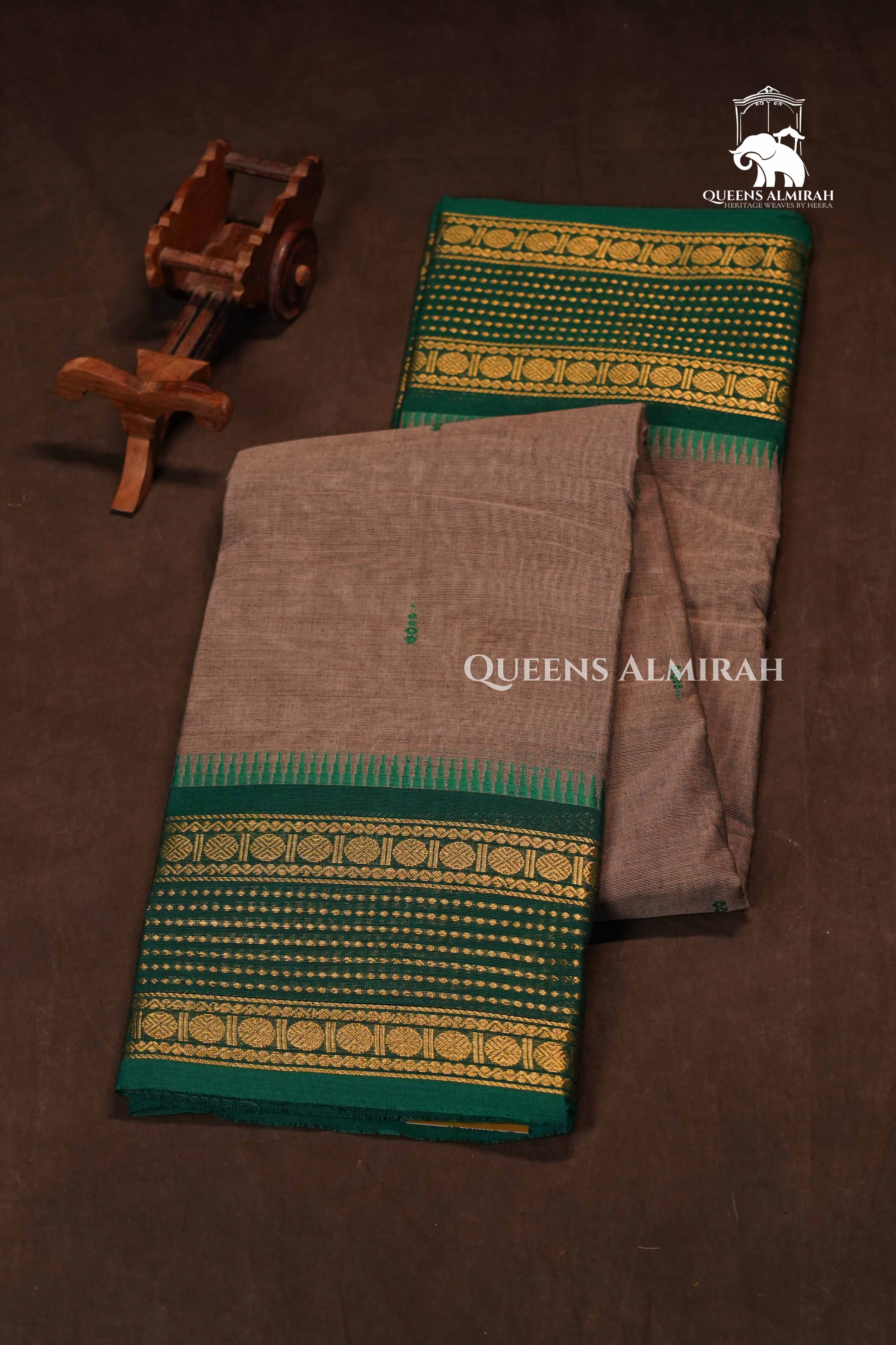 Brownish Grey With Green Kanchi Cotton Saree