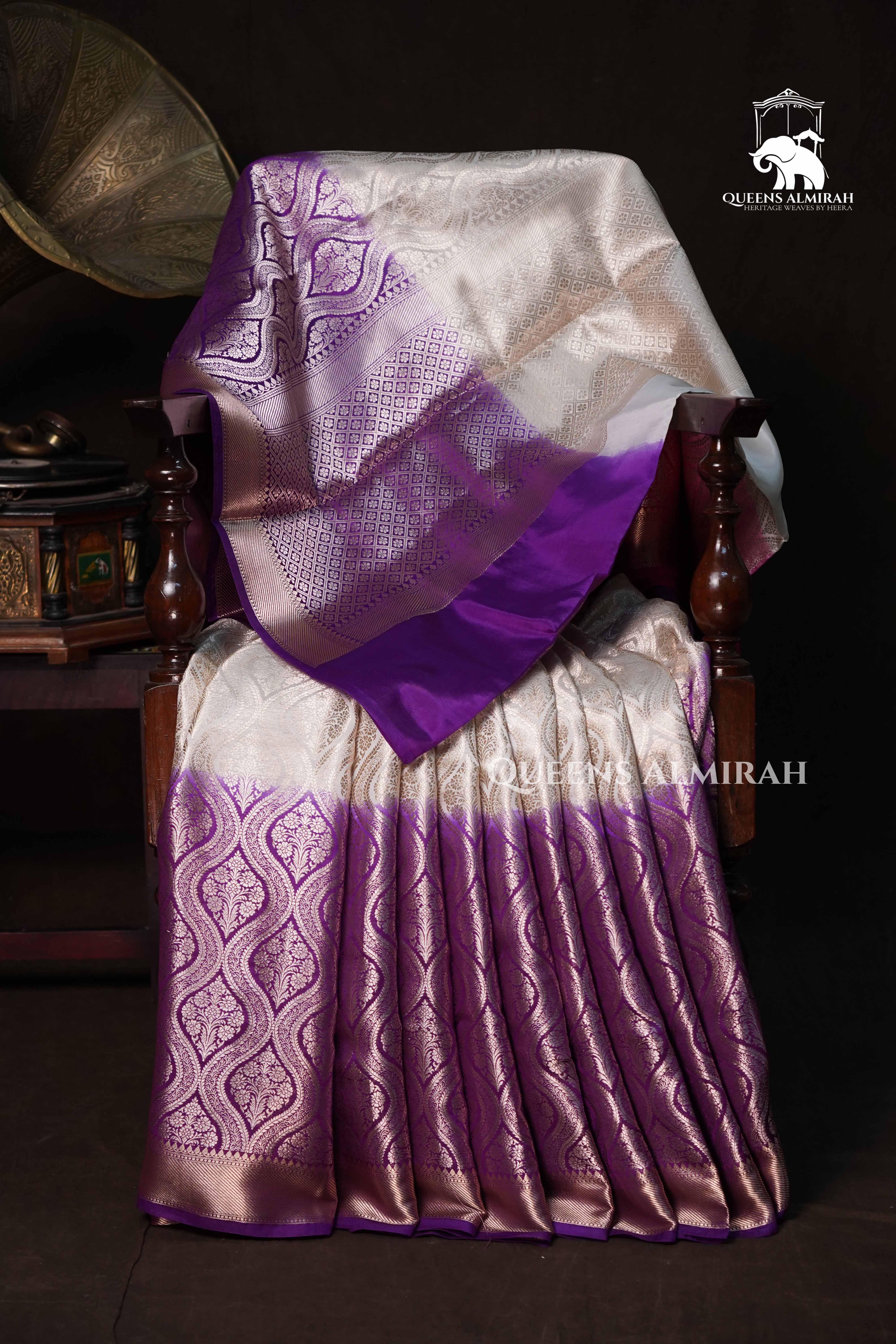 Ivory With Purple Banarasi Silk Saree