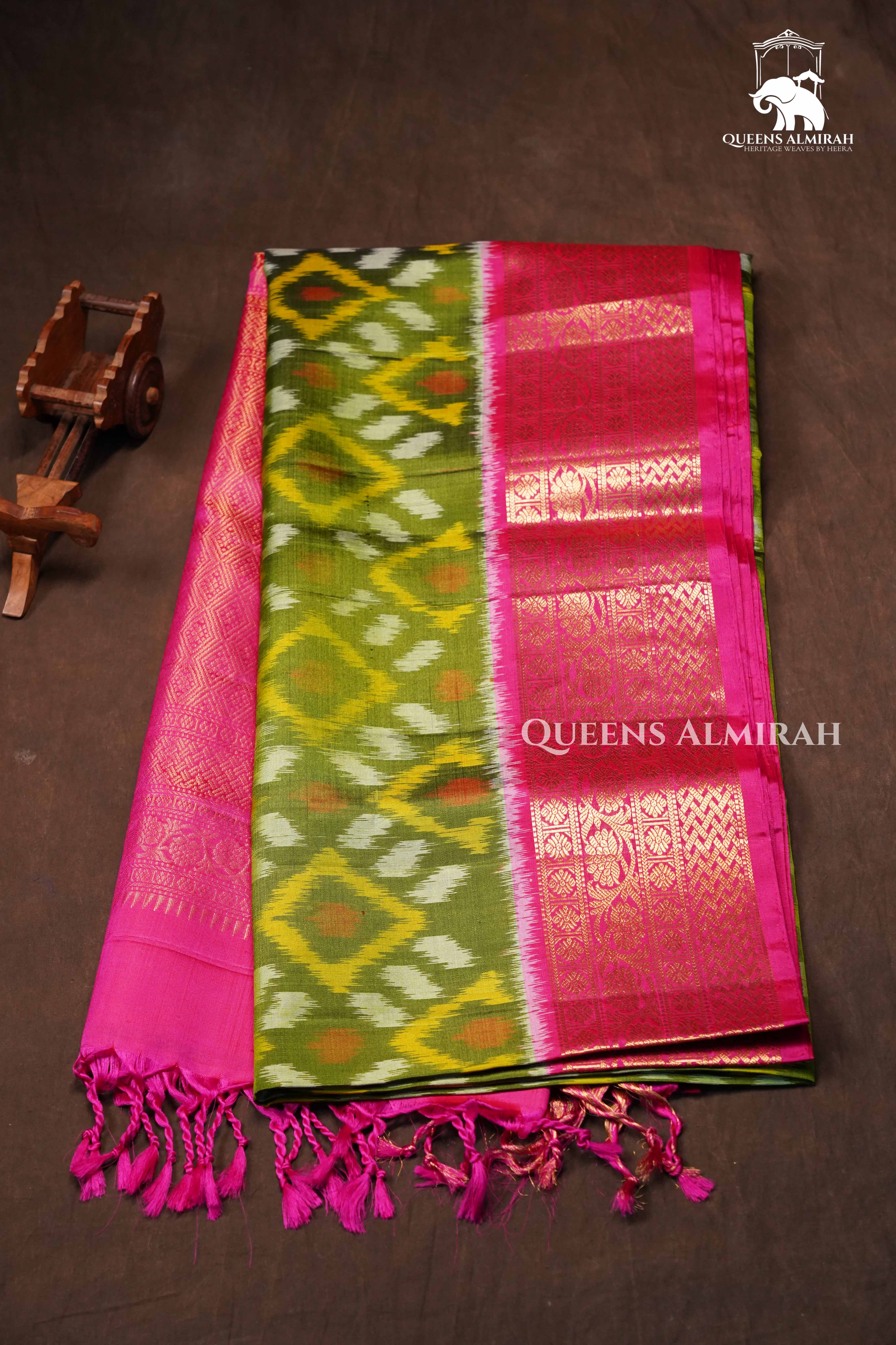 Olive Green With Pink Pure Soft Silk Saree
