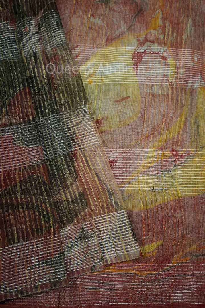 RADDISH GREY WITH RIFFLE GREEN MARBLE PRINT GHICHA ORAGANZA SAREE - Queens Jewel Emporium