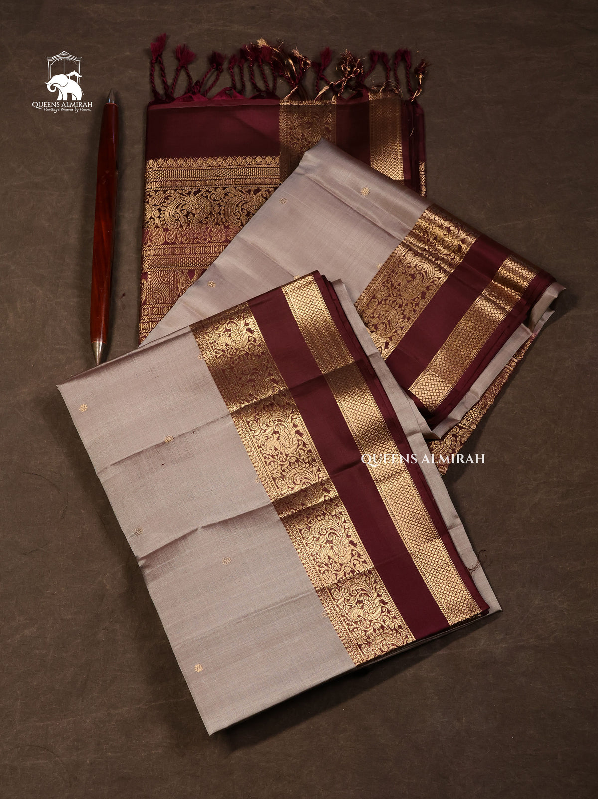 Grey With Brown Pure Soft Silk Saree