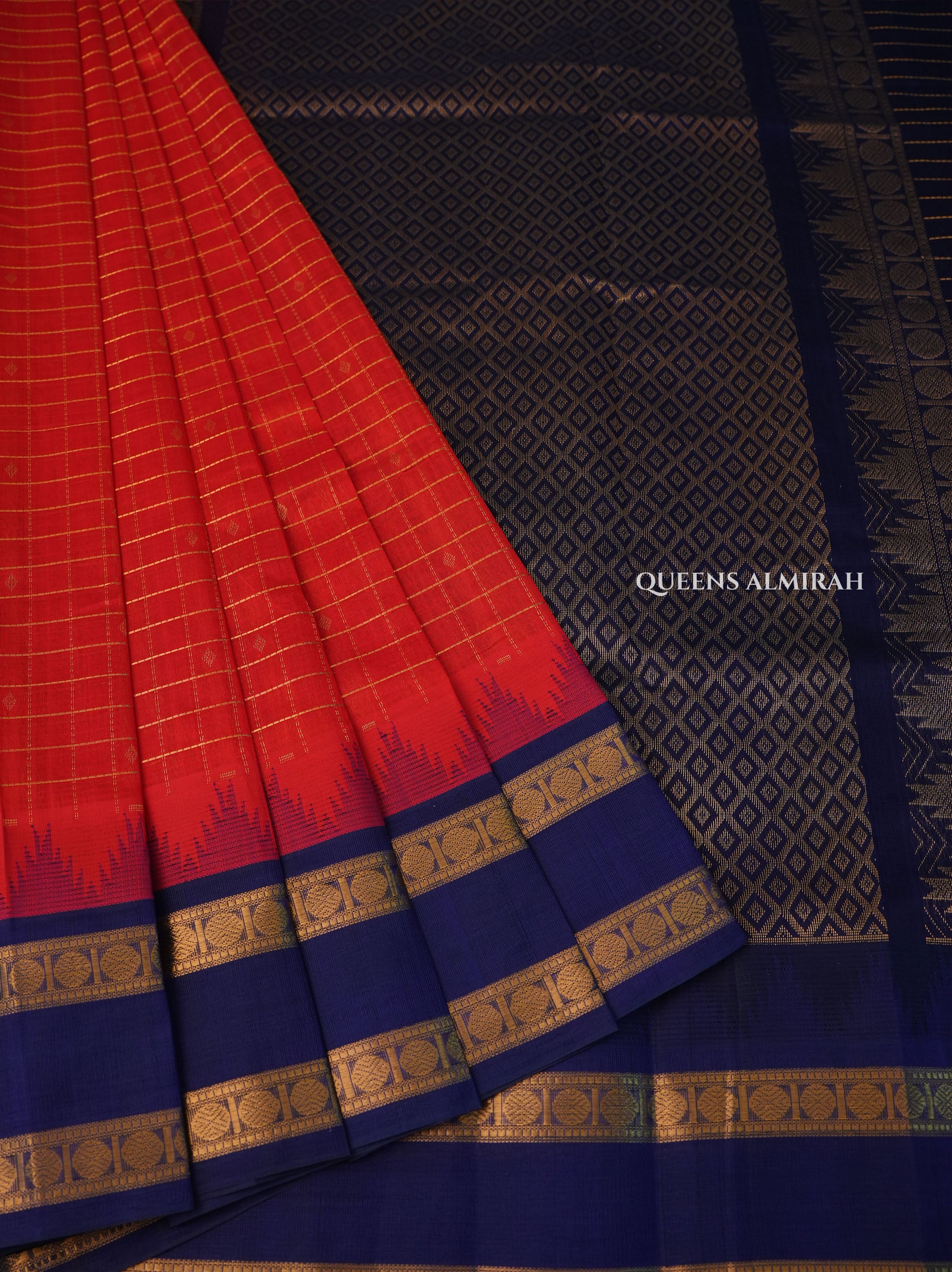 Red Kattam With Blue Pure Silk Cotton Saree