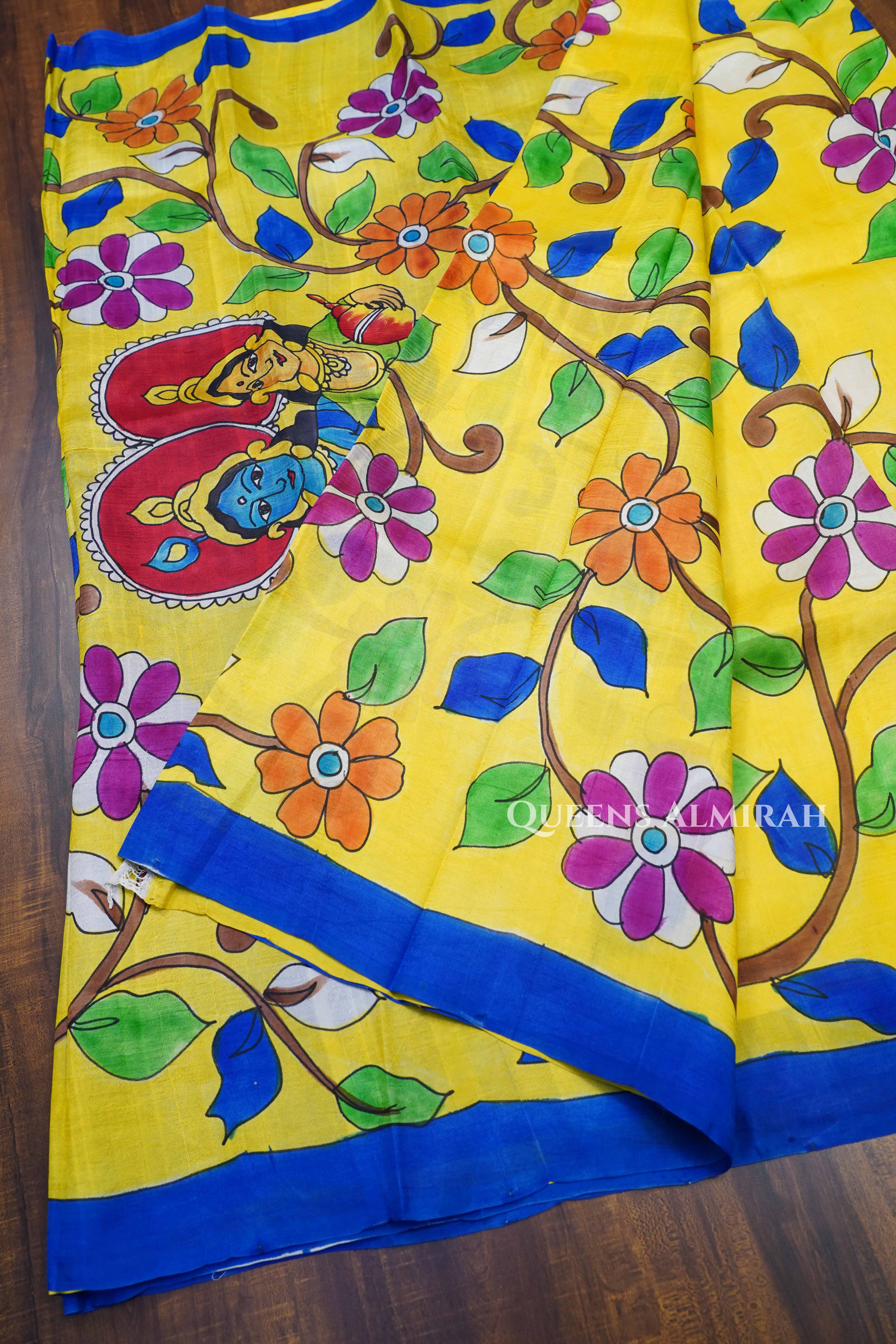 Bright Yellow Hainpainted Pure Tussar Silk Saree