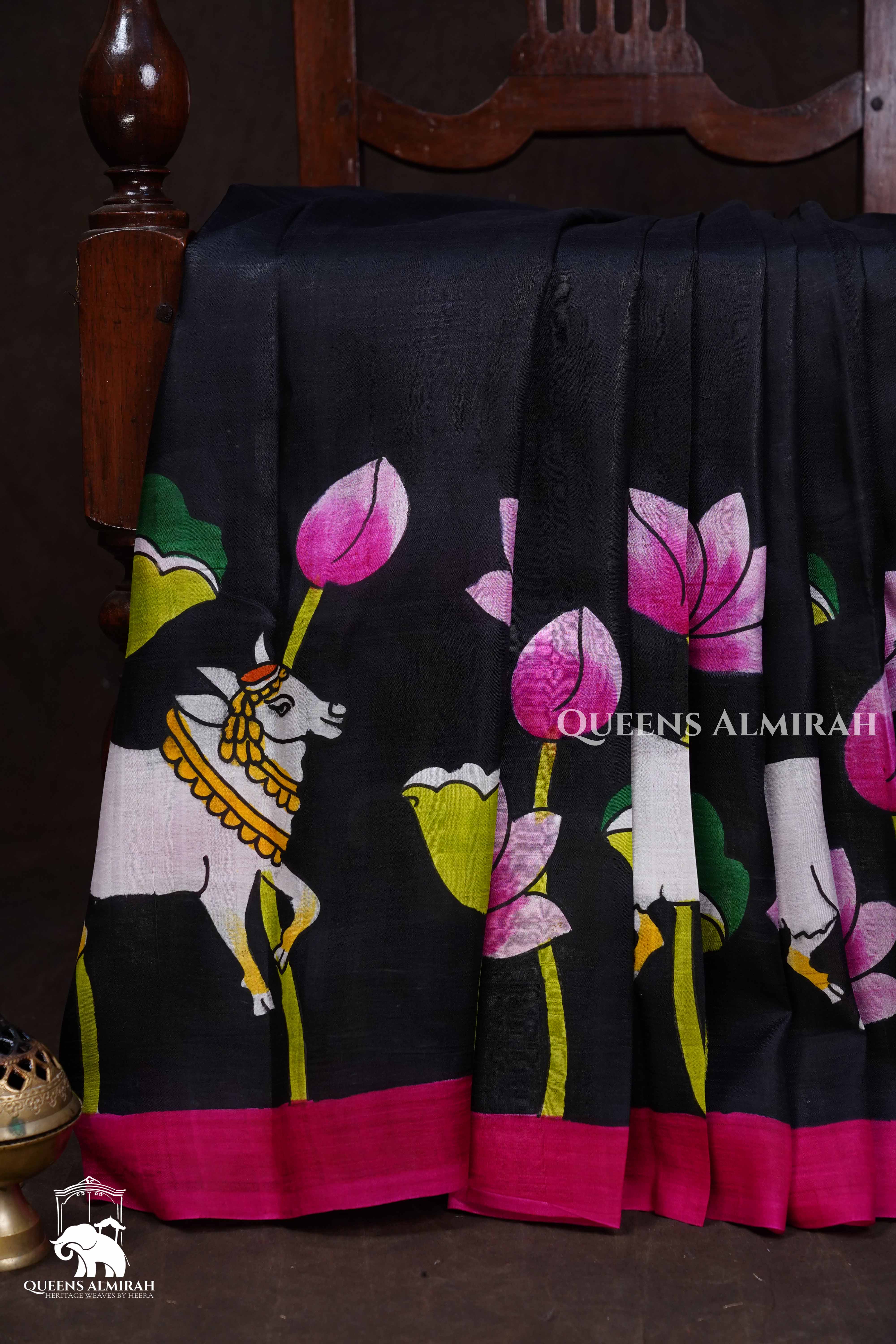 Black Pichwai Handpainted Pure Tussar Silk Saree
