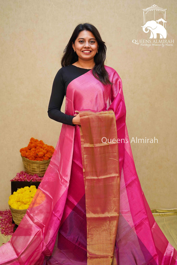SHADES OF PINK WITH GOLDEN BORDER KATAN CHANDERI SILK SAREE - Queens Jewel Emporium