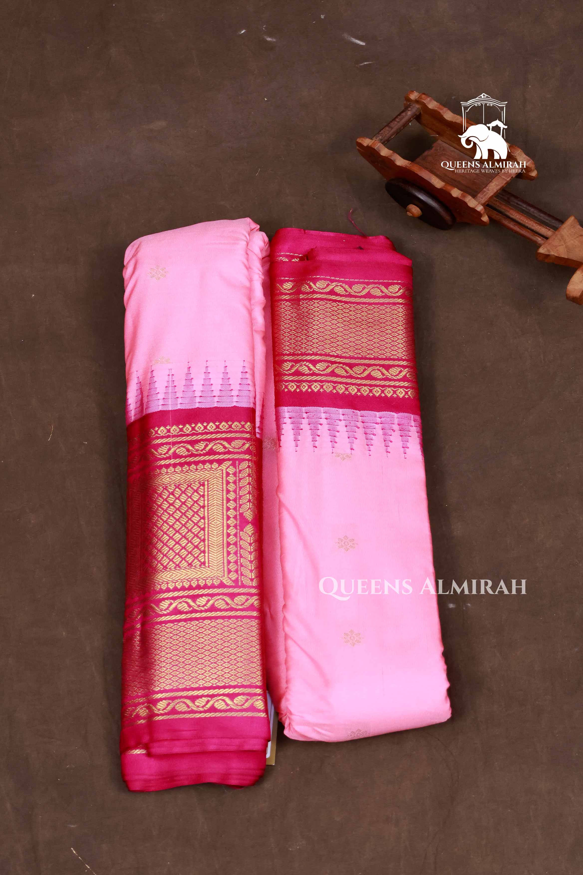 Rose Milk Pink With Rani Pink Semi Gadwal Silk Saree