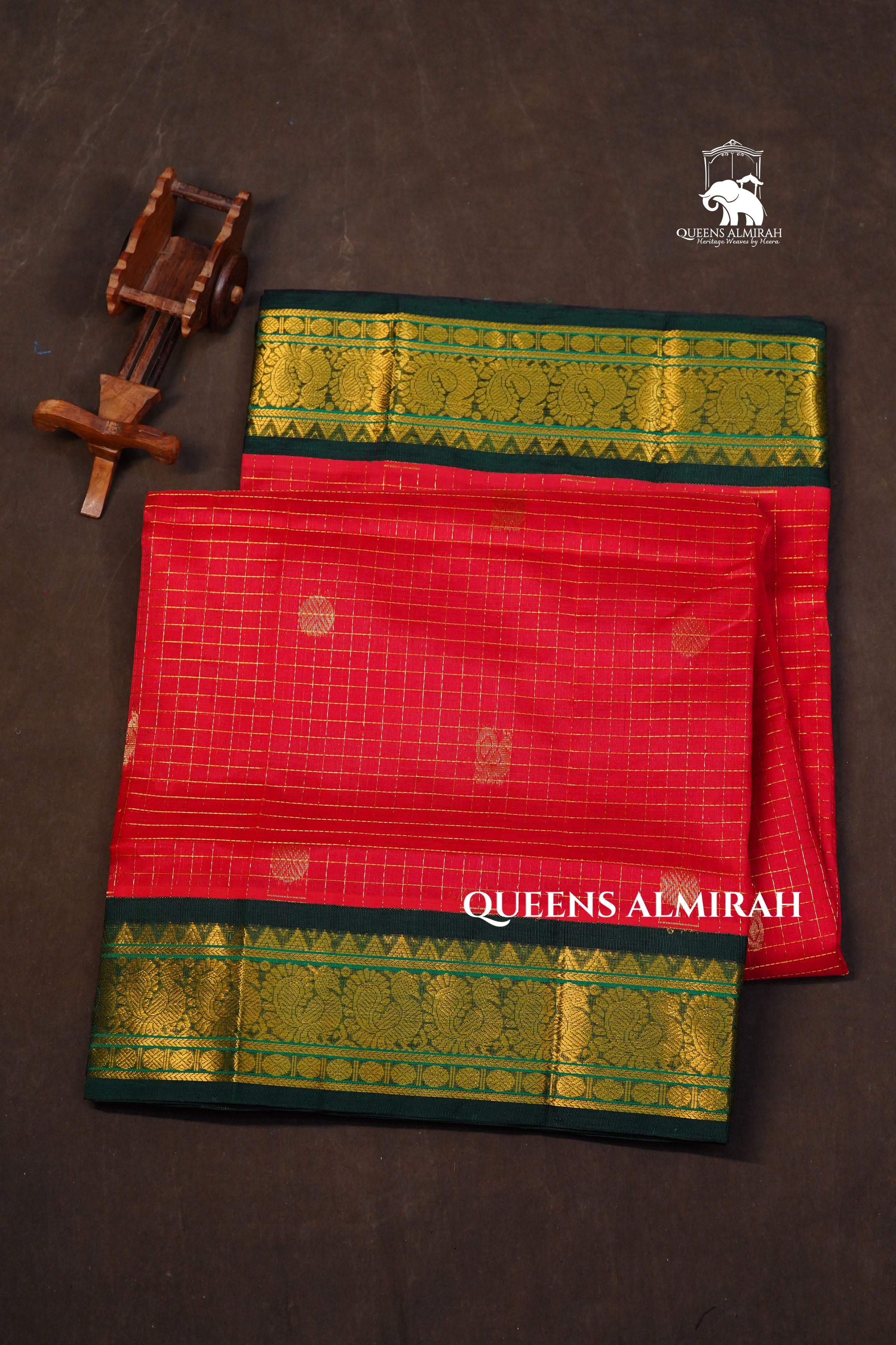 Red Kattam Butta With Green Pure Silk Cotton Saree